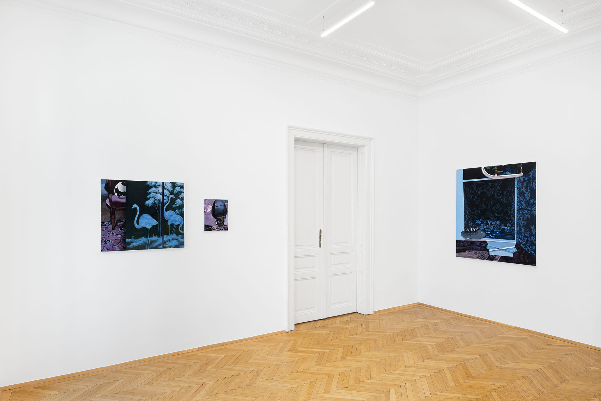 Installation view of “Breathe in Emptiness”Li Jun, Decorative Nature, 2026. 70 x 80 cm. Moonlight by the Bed, 2026. 36 x 28 cm. A Cabinet for Nothing, 2025. 130 x 110 cm. Courtesy of the artist and Zeller van Almsick, photo: Simon Veres, 2026