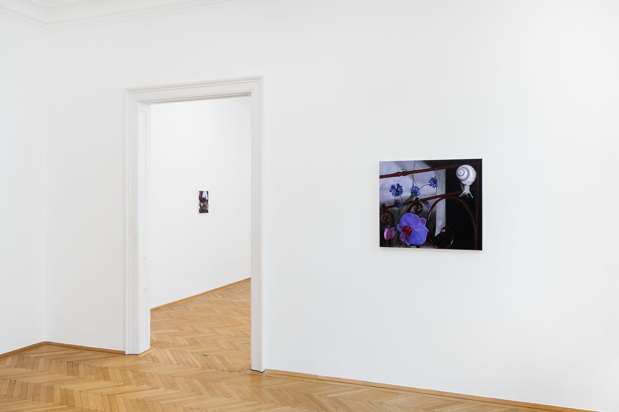 Installation view of “Breathe in Emptiness”, Li Jun, A Gentle Climb, 2025. Oil on canvas 70 x 80 cm. An Enclosed View, 2026. Oil on canvas 36 x 28 cm. Courtesy of the artist and Zeller van Almsick, photo: Simon Veres, 2026