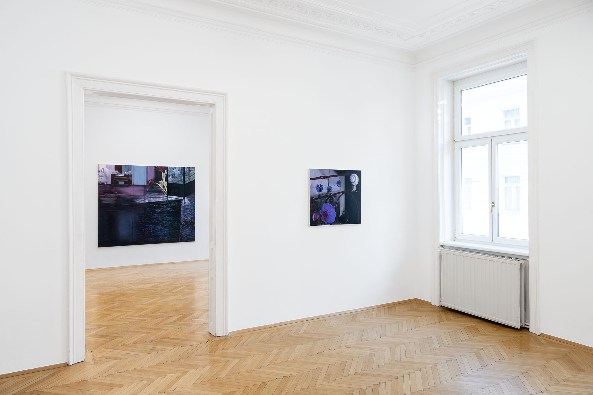Installation view of “Breathe in Emptiness”, Li Jun, A Gentle Climb, 2025. Oil on canvas 70 x 80 cm. Breathe in Emptiness, 2026. Oil on canvas 170 x 200 cm. Courtesy of the artist and Zeller van Almsick, photo: Simon Veres, 2026