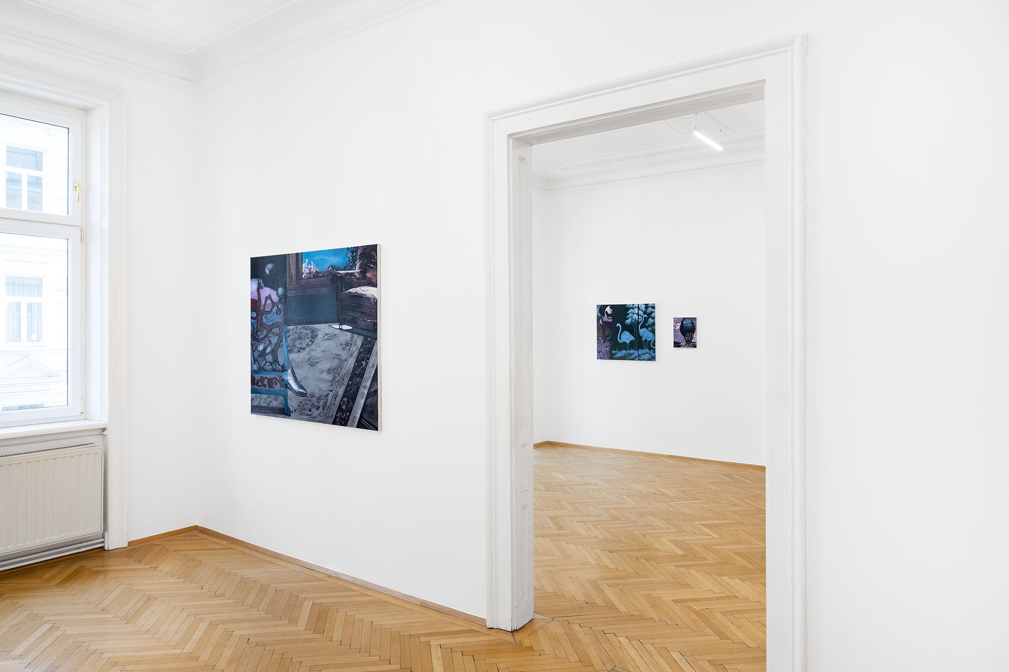 Installation view of “Breathe in Emptiness”, Li Jun, Crossing, 2026. Oil on canvas 110 x 130 cm. Decorative Nature, 2026.70 x 80 cm. Moonlight by the Bed, 2026.36 x 28 cm. Courtesy of the artist and Zeller van Almsick, photo: Simon Veres, 2026