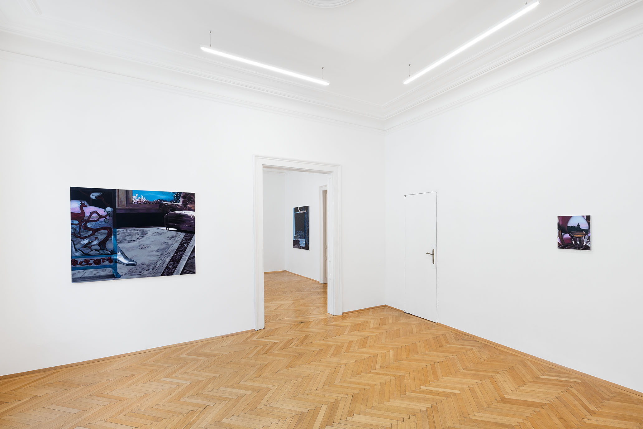 Installation view of “Breathe in Emptiness” Li Jun, Crossing, 2026. 110 x 130 cm. An Enclosed View, 2026. 36 x 28 cm. A Cabinet for Nothing, 2025.130 x 110 cm. Courtesy of the artist and Zeller van Almsick, photo: Simon Veres, 2026