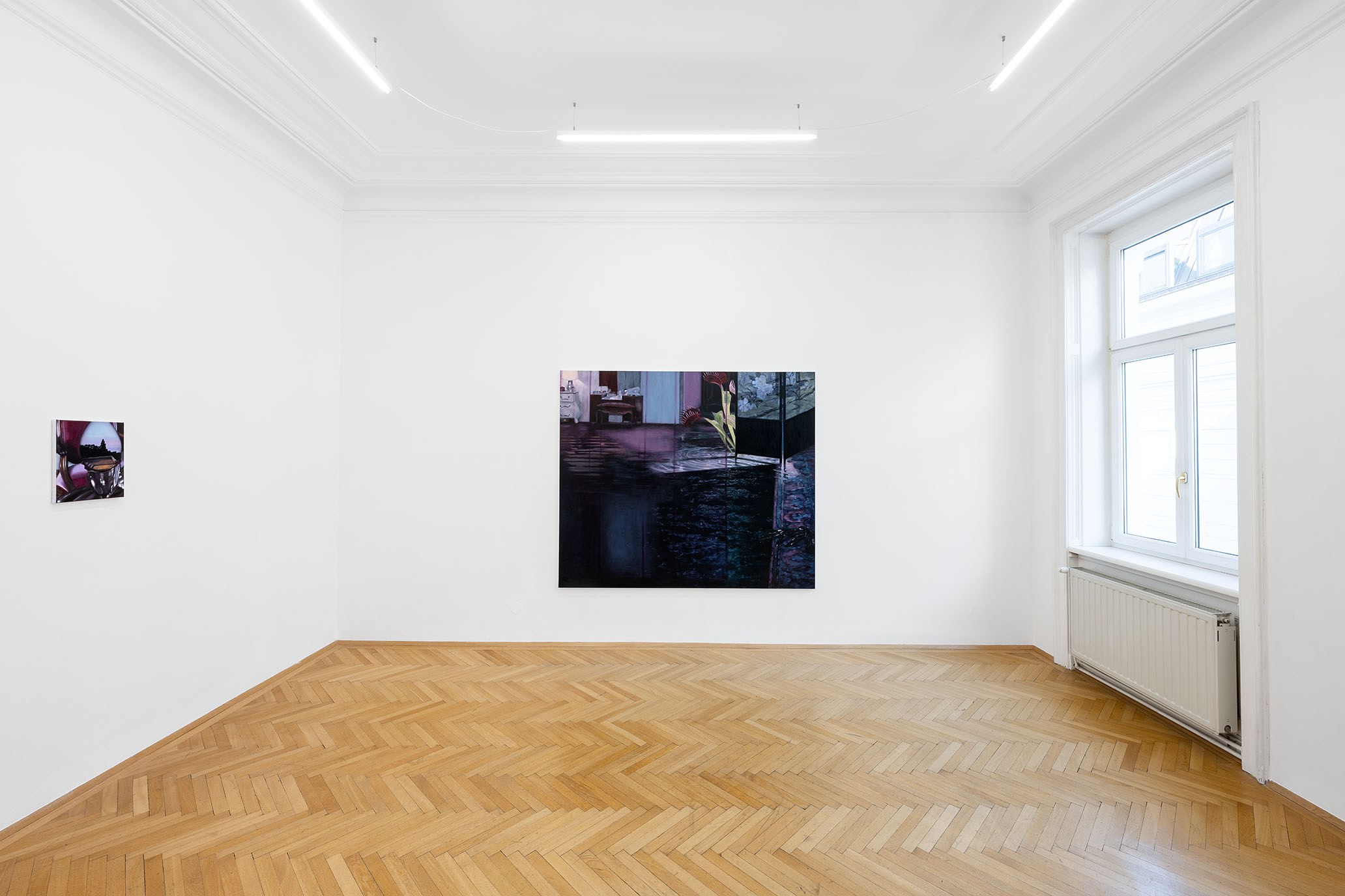 Installation view of “Breathe in Emptiness”, Li Jun, Breathe in Emptiness, 2026. Oil on canvas 170 x 200 cm. An Enclosed View, 2026. Oil on canvas 36 x 28 cm. Courtesy of the artist and Zeller van Almsick, photo: Simon Veres, 2026