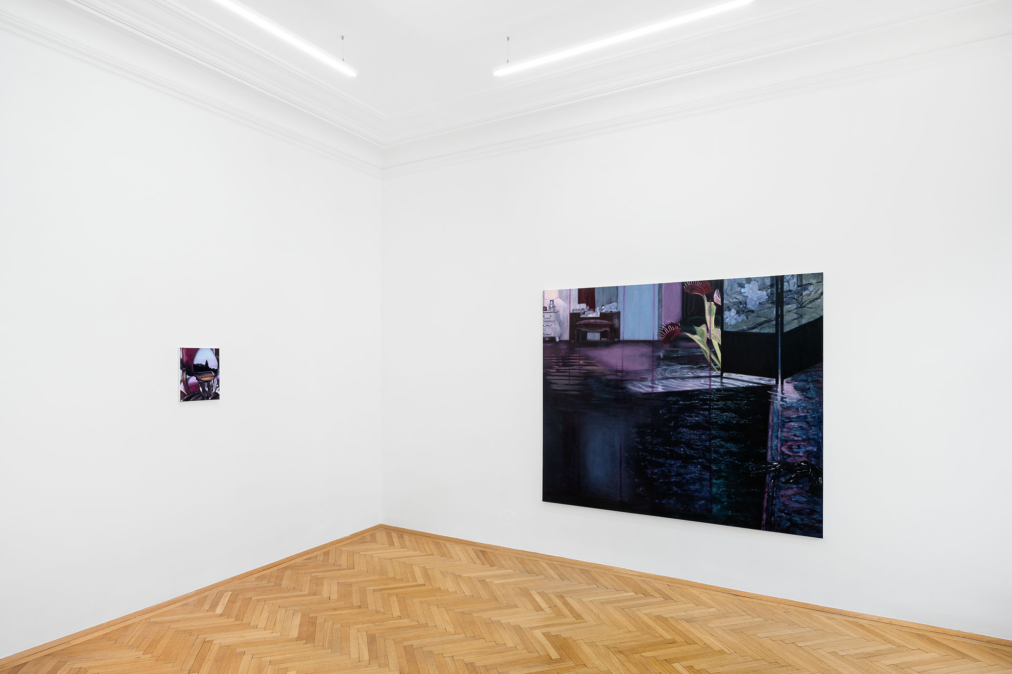 Installation view of “Breathe in Emptiness”, Li Jun, Breathe in Emptiness, 2026. Oil on canvas 170 x 200 cm. An Enclosed View, 2026. Oil on canvas 36 x 28 cm. Courtesy of the artist and Zeller van Almsick, photo: Simon Veres, 2026
