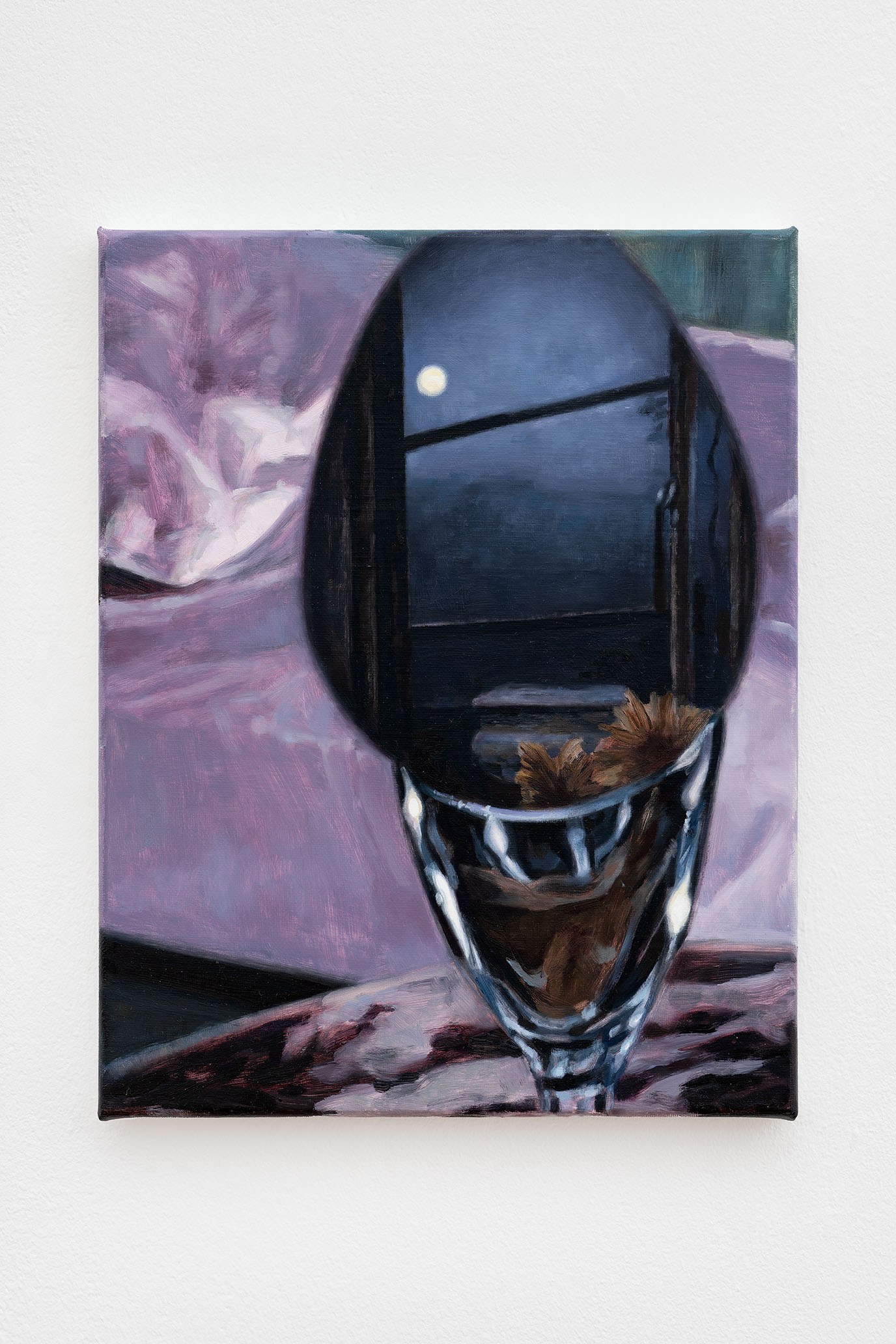 Li Jun, Moonlight by the Bed, 2026. Oil on canvas 36 x 28 cm. Courtesy of the artist and Zeller van Almsick, photo: Simon Veres, 2026
