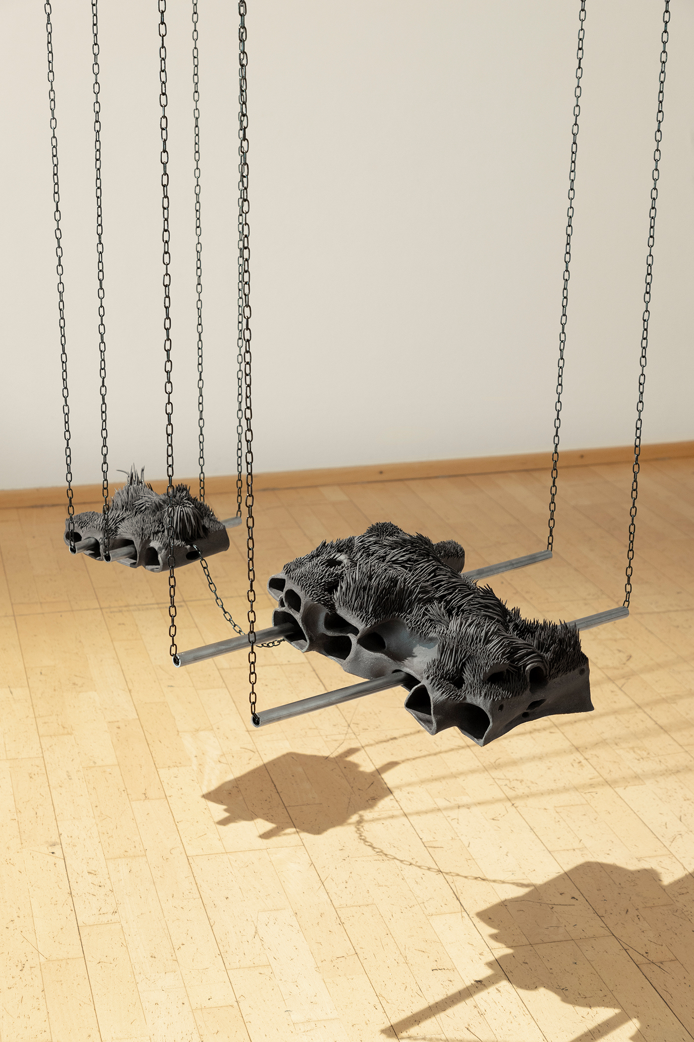 Closer, 2026, Lu Cheng, ceramic and steel, 50 x 34 x 18 cm and 21 x 24 x 15 cm 