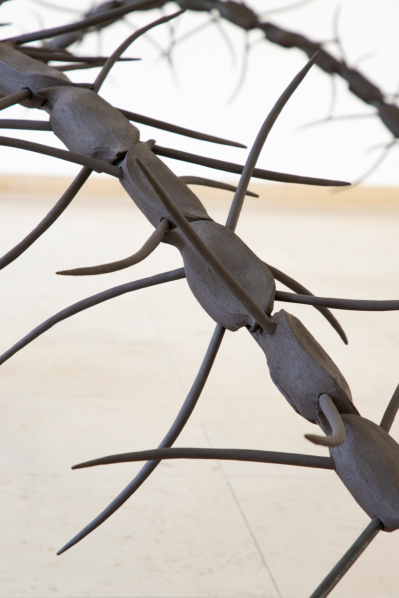 Chaetosisters, 2025 (I & II), Diogo da Cruz, ceramic and steel, 240 × 70 × 75 cm and 160 × 60 × 90 cm