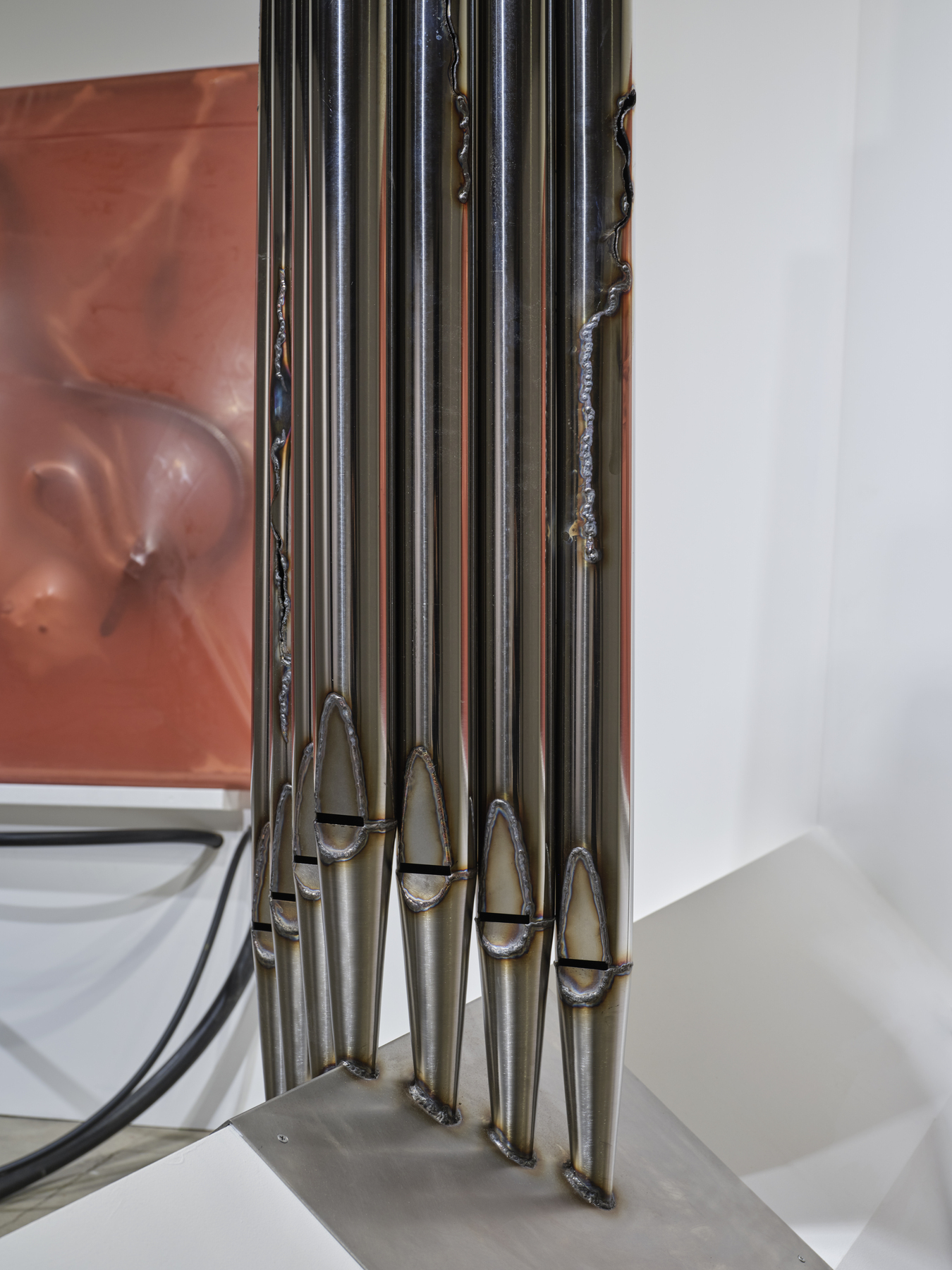 When All Flesh Turns to Light, 2026, Stainless steel, latex, vacuum cleaner, sensor timer, CNC-machined styrofoam, sex toy, mixed media, dimensions variable