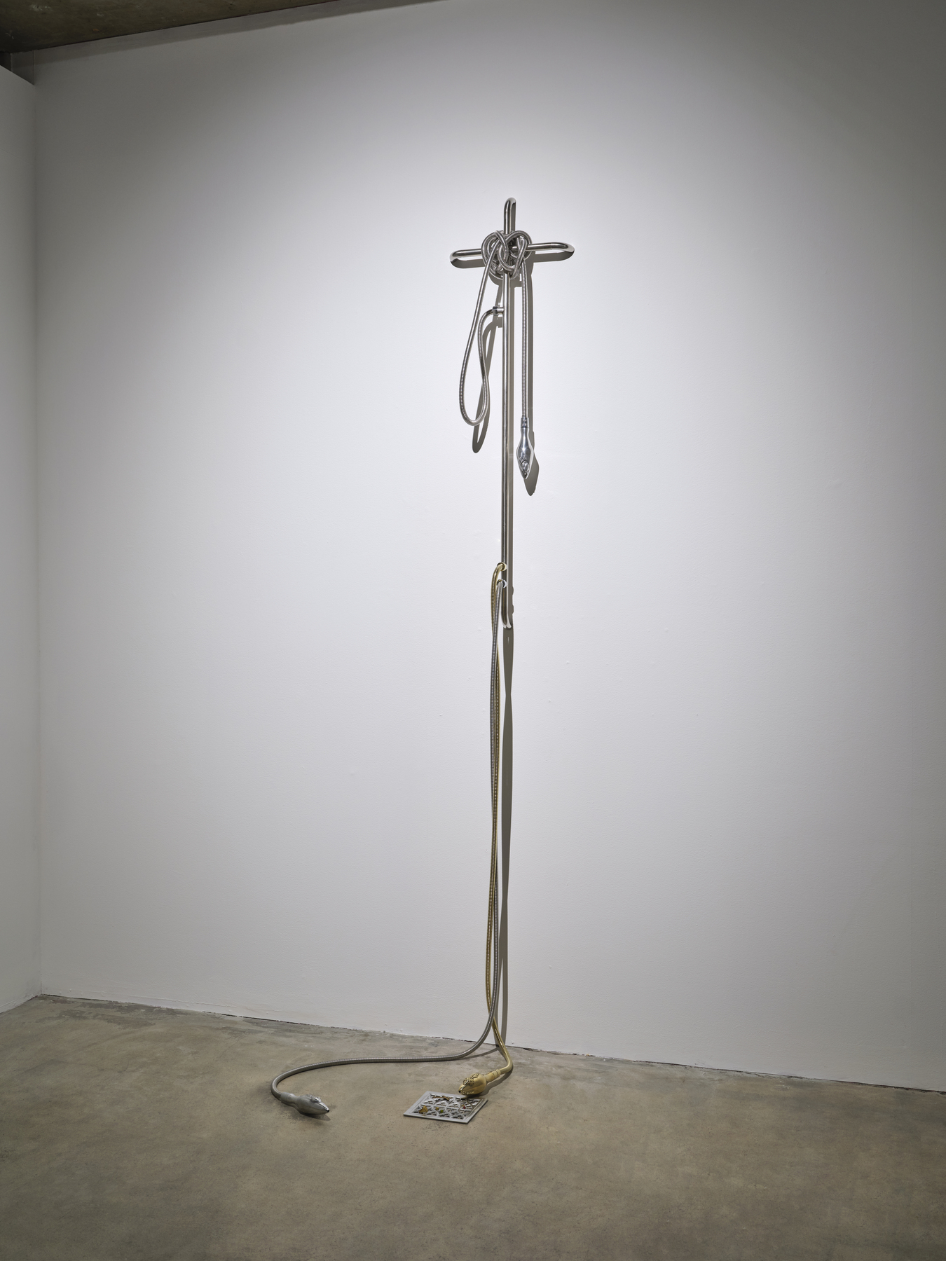 Apostles of the Sap, 2026, Stainless steel, brass casting, shower hose, mixed media, dimensions variable