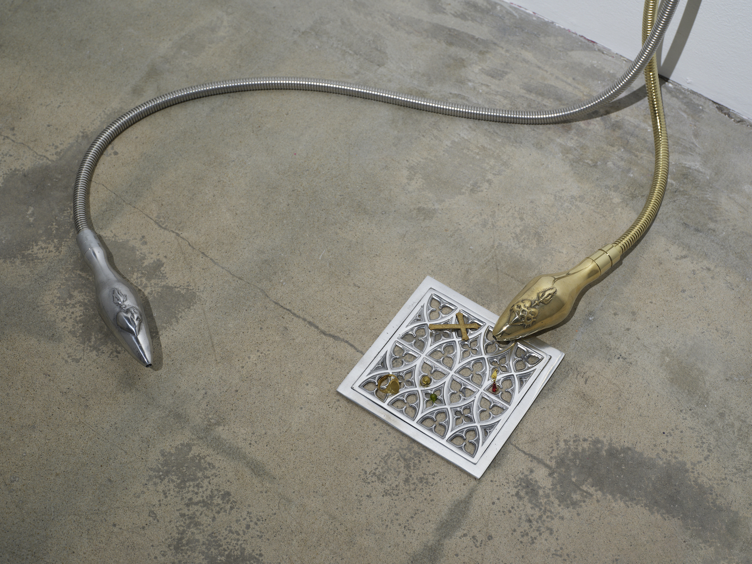 Apostles of the Sap, 2026, Stainless steel, brass casting, shower hose, mixed media, dimensions variable