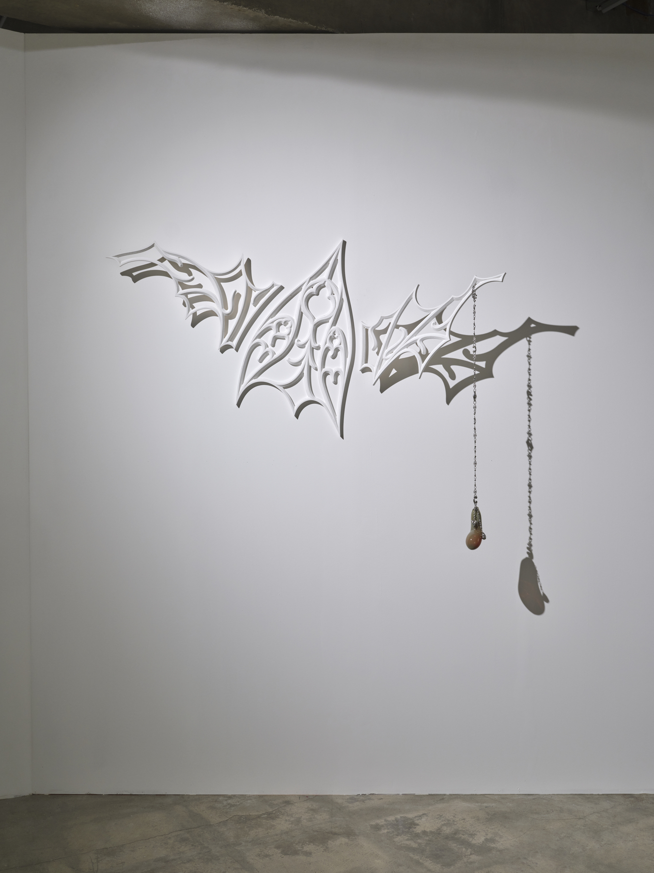 When the Gate of Eden Trembled, 2026, CNC-machined birch plywood, blown glass, metal chain, mixed media, 140×110×25cm