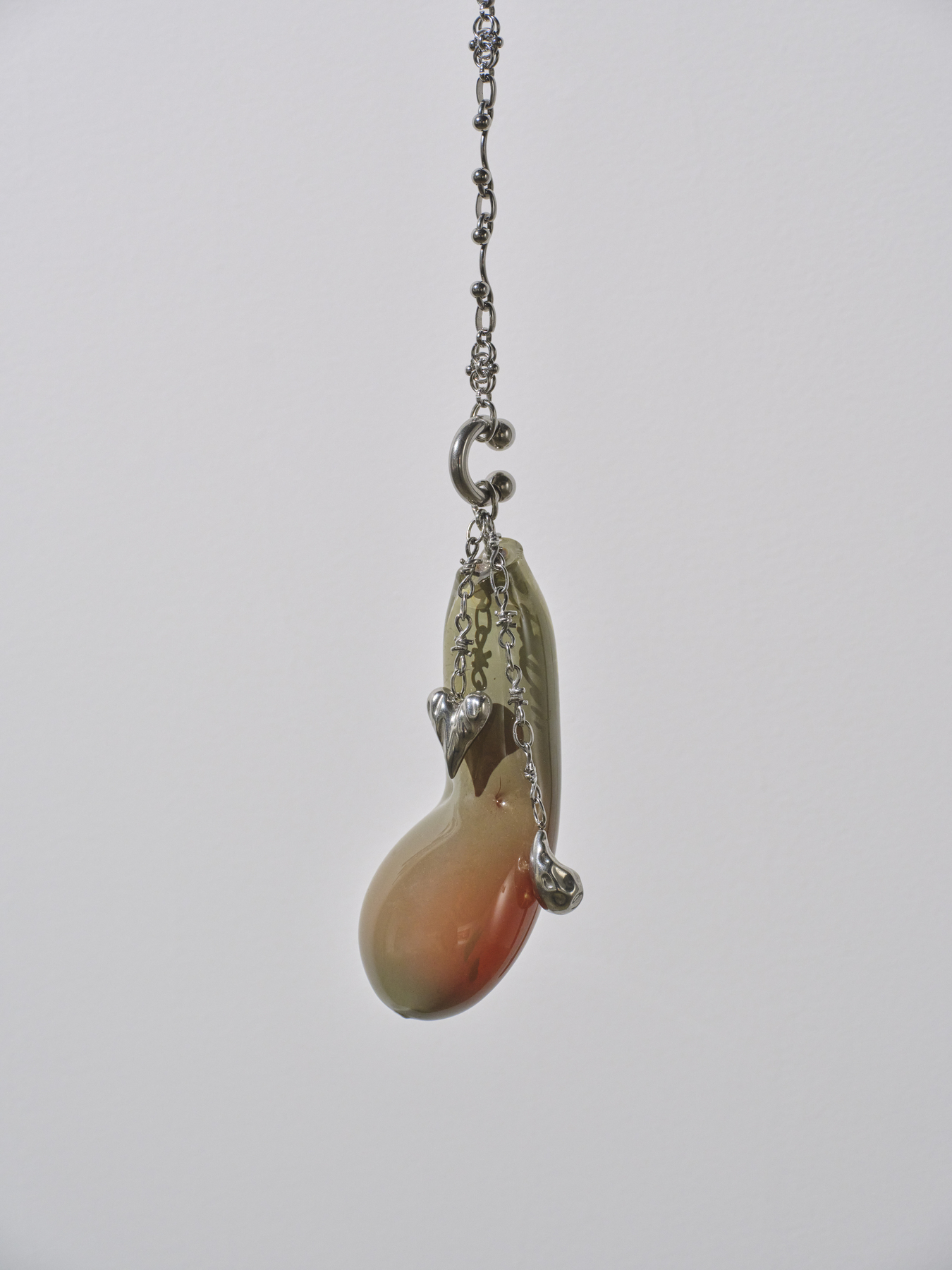 When the Gate of Eden Trembled, 2026, CNC-machined birch plywood, blown glass, metal chain, mixed media, 140×110×25cm