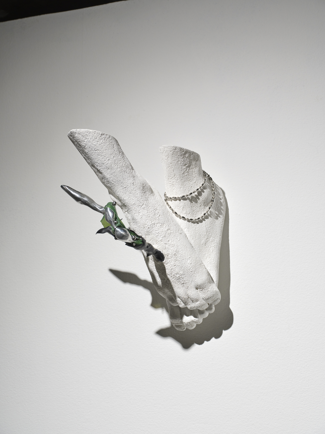 The Body that Remembers Itself, 2026, 3D printed PLA, aluminum casting, piercing, microcement, latex, heat shrink rubber, 42×30×16cm