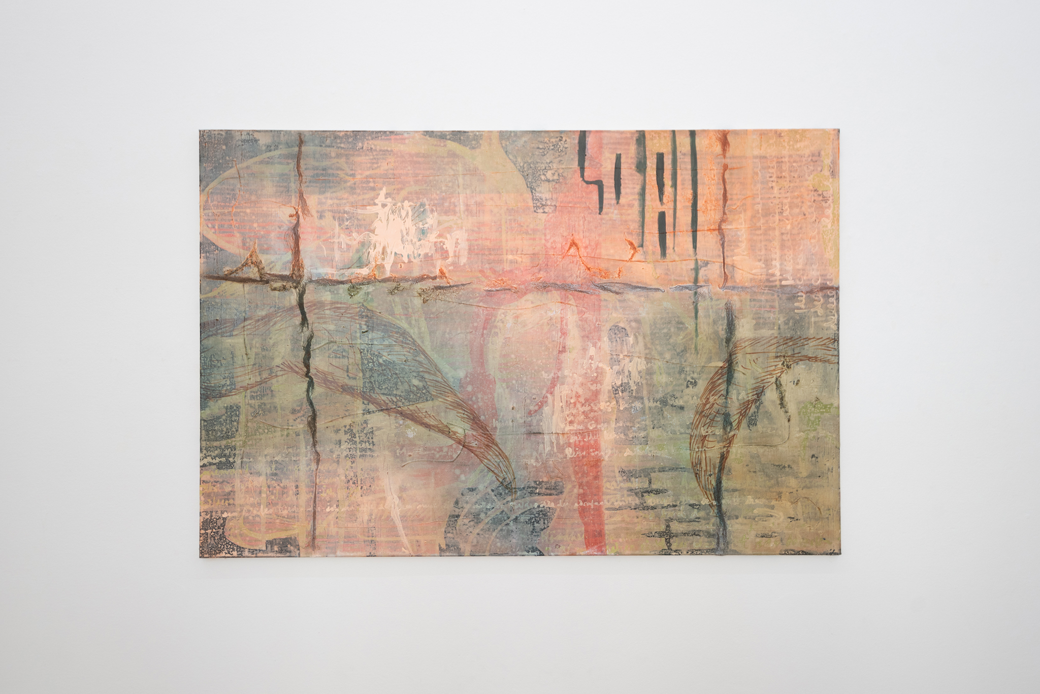 Laura Hinrichsmeyer, Debt text dead text (four paintings, some thrown brick stones) 2025, Oil, chalk and hair on cotton, 130 x 195 cm