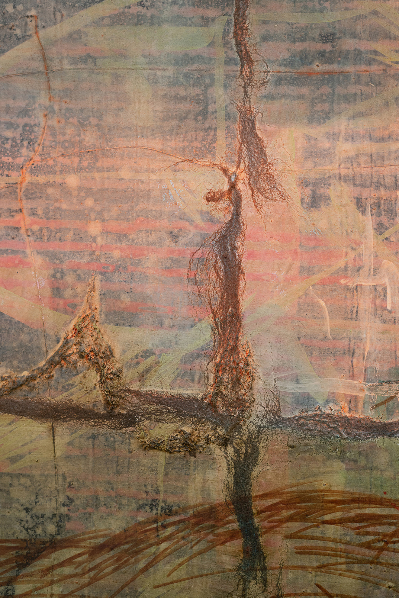 Laura Hinrichsmeyer, Debt text dead text (four paintings, some thrown brick stones) 2025, Oil, chalk and hair on cotton, 130 x 195 cm (detail)