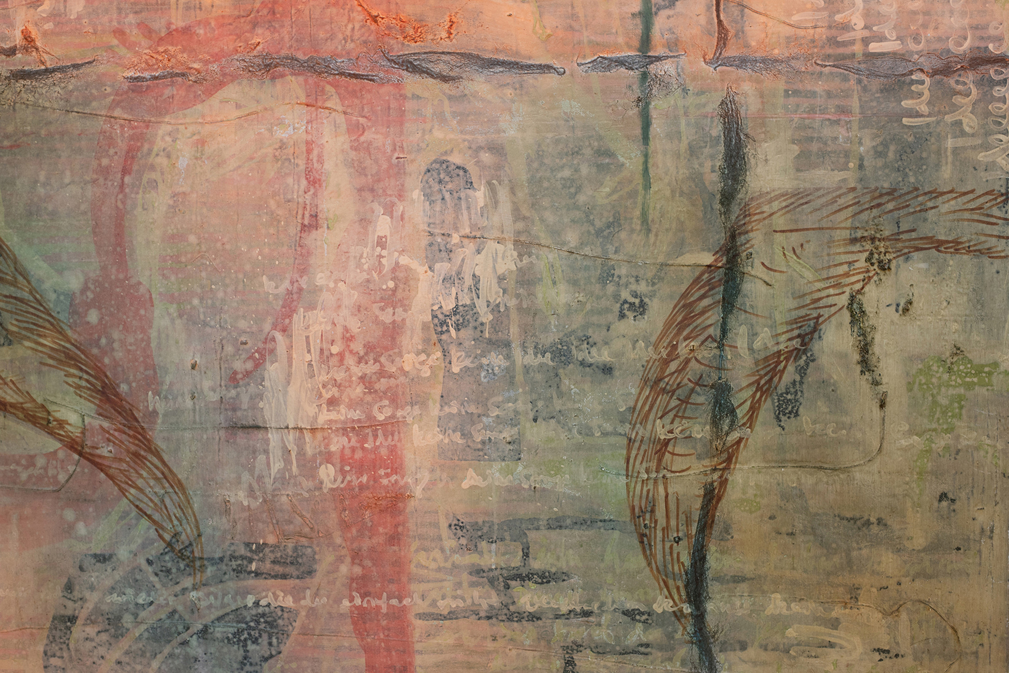 Laura Hinrichsmeyer, Debt text dead text (four paintings, some thrown brick stones) 2025, Oil, chalk and hair on cotton, 130 x 195 cm (detail)