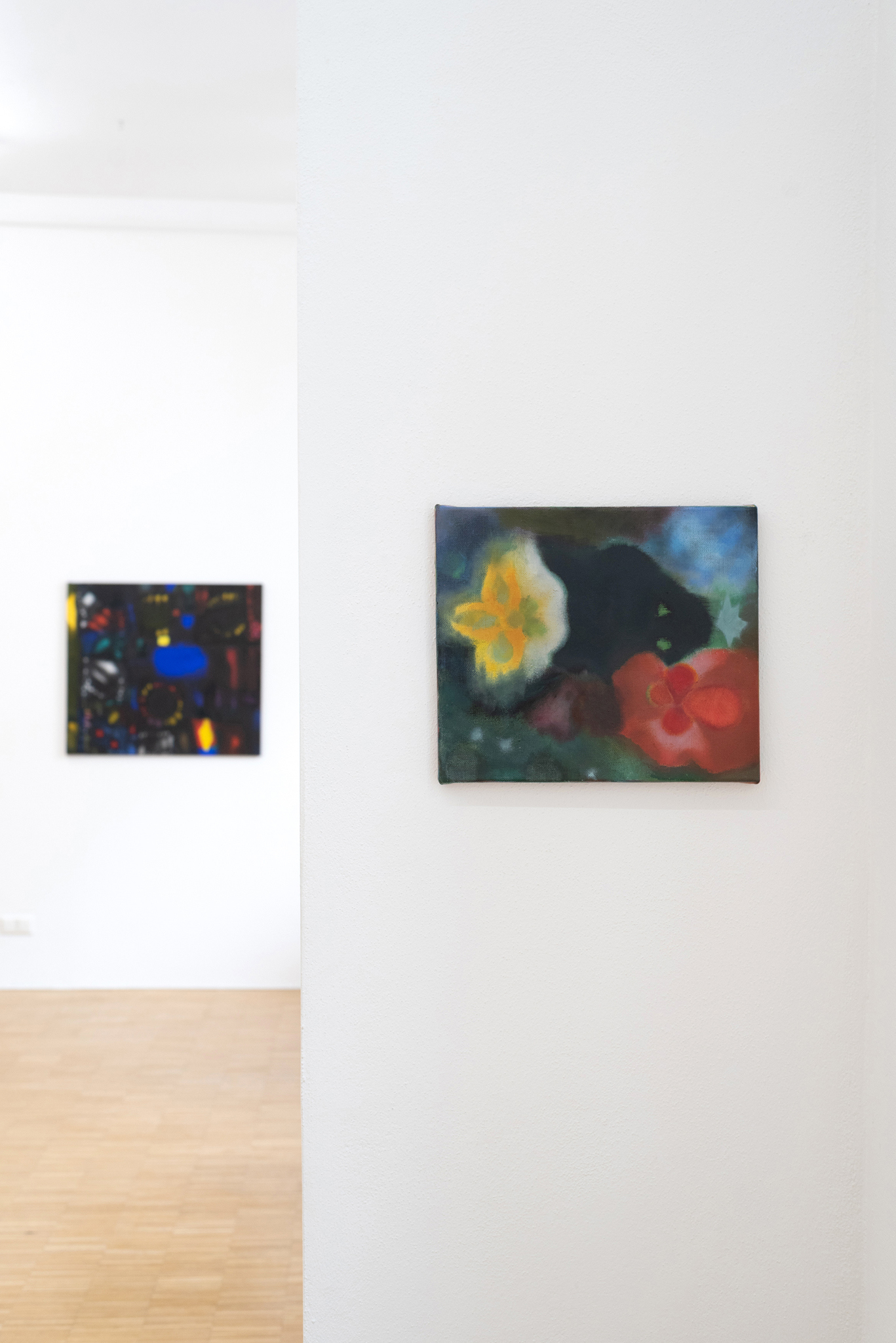 Luisa Kasalicky, Dedication to Desiderio Monsu II, 2025 acrylic and oil on canvas, 80 x 90 cm and Insight the helio green, 2025 acrylic and oil on canvas, 36 x 41 cm