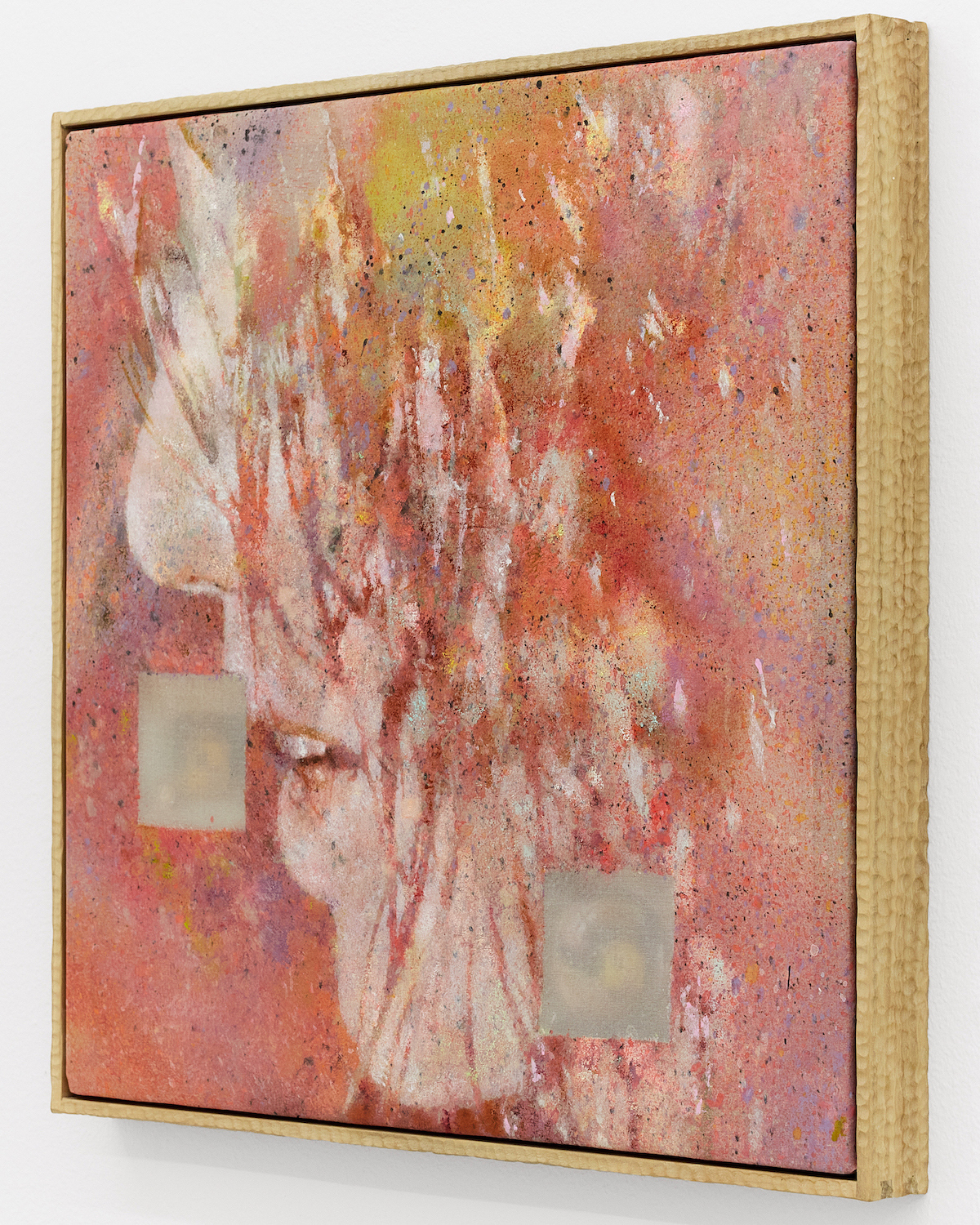 Detail, Reeha Lim, untitled, 2026, acrylic on silk, hand carved artist frame, Korean pagoda dogwood. Photo: Julia Malmquist