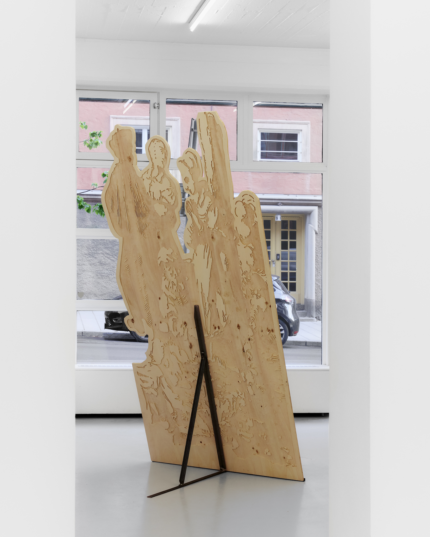 Detail, Mikołaj Sobczak, Sylvin Rubinstein, 2024, oil, print on wood, disassembled metal stand. Photo: Julia Malmquist 