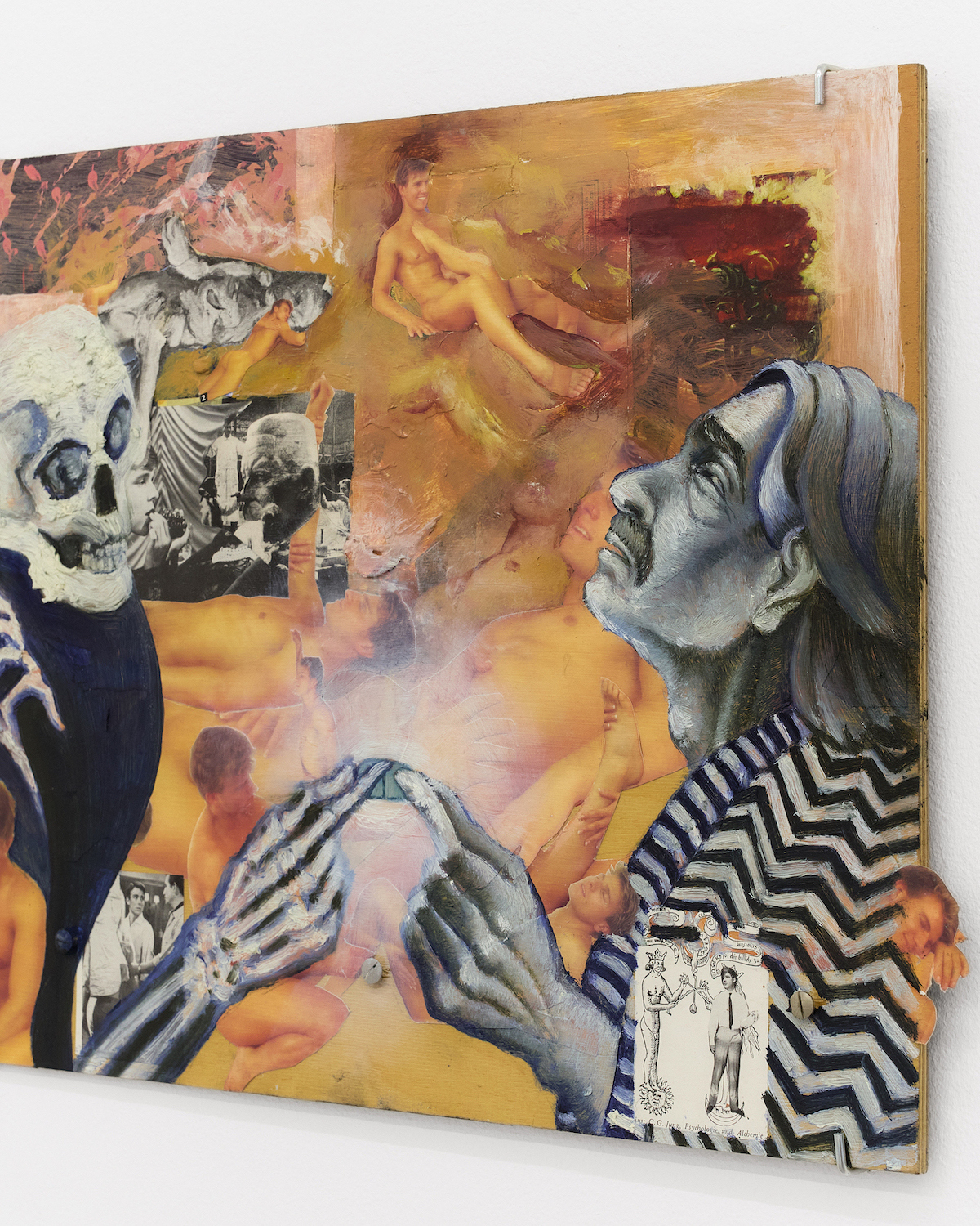 Detail, Mikołaj Sobczak, Male Fantasies, 2026, oil and collage on wooden panel. Photo: Julia Malmquist 