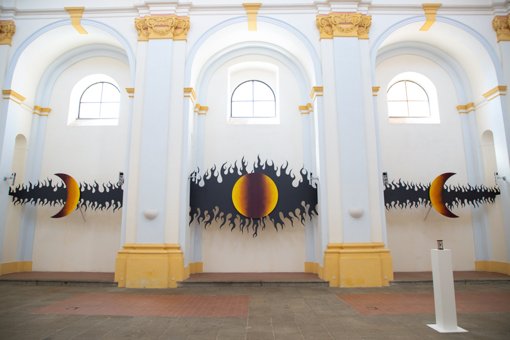 Moon Phase Black Flame, Site specific triptych, wood relief, acrylic paint, 1800 x 250 cm, Anders Grønlien & Anežka Hošková, 2026