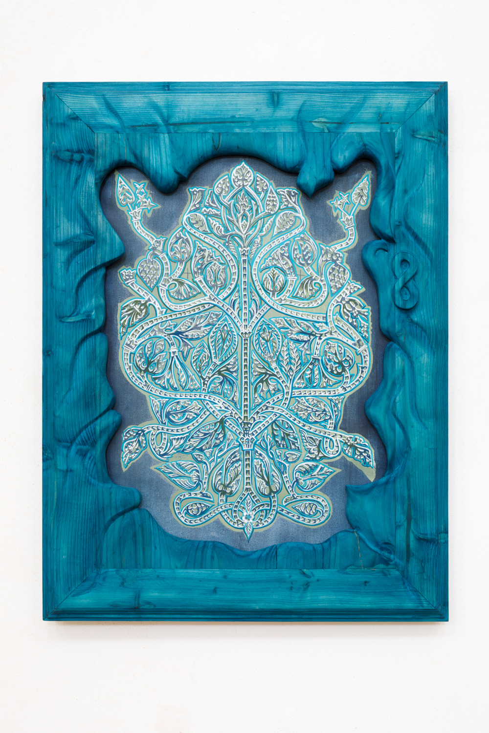 Tree of life variation (after Madinat al Zahra) , Inked wood relief, acrylic on canvas, wood board, anti reflex glass, 88 x 66 cm, Anders Grønlien & Anežka Hošková, 2026