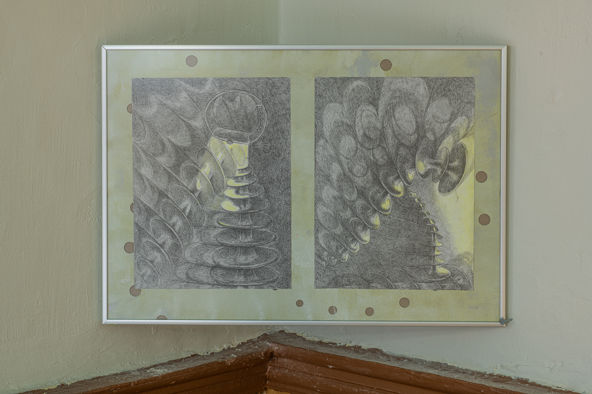 Roundabout. Color pencils, paper, aluminium back panel, aluminium frame. 2025