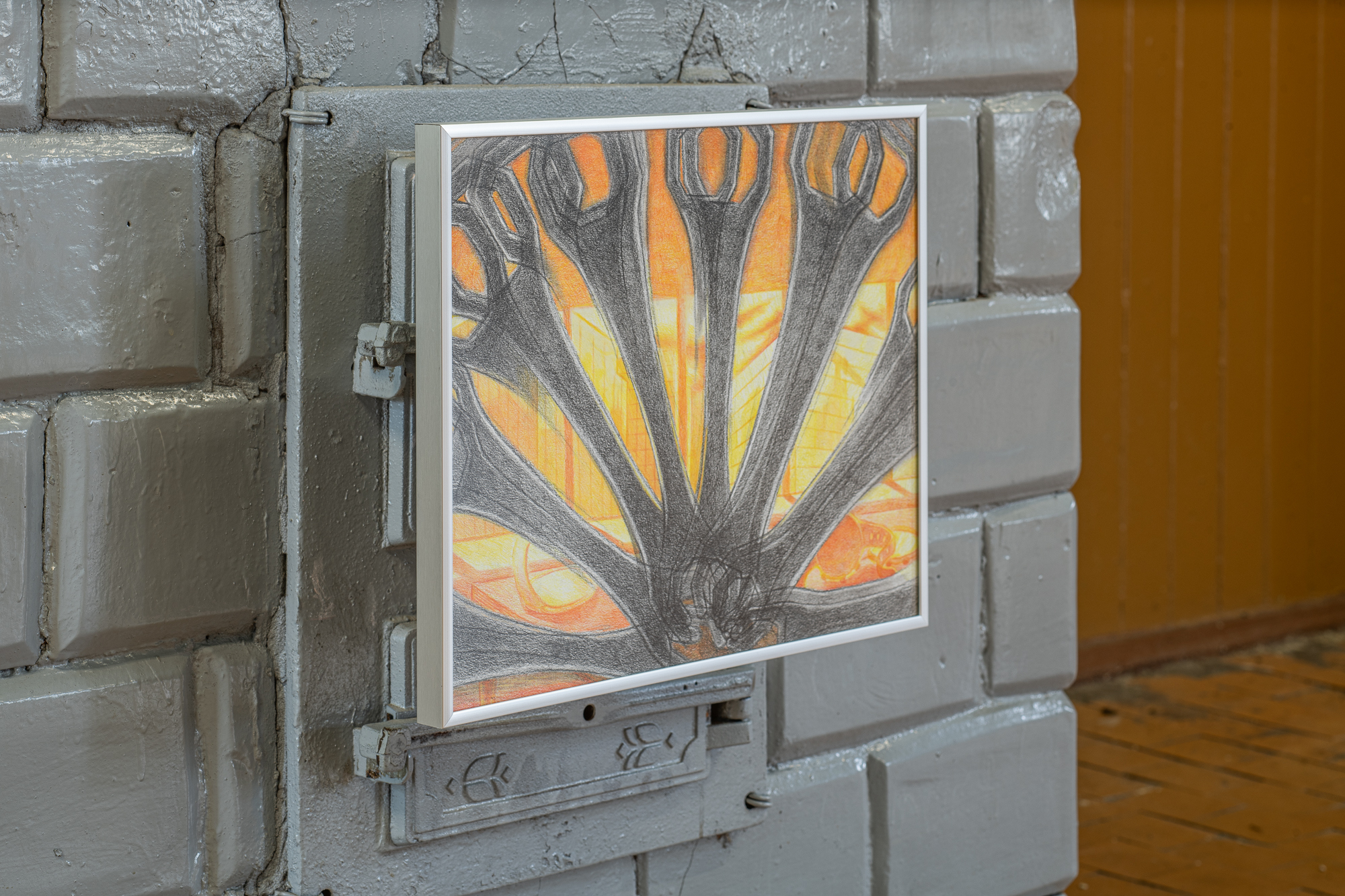 Swing. Color pencils, paper, aluminium frame. 2025
