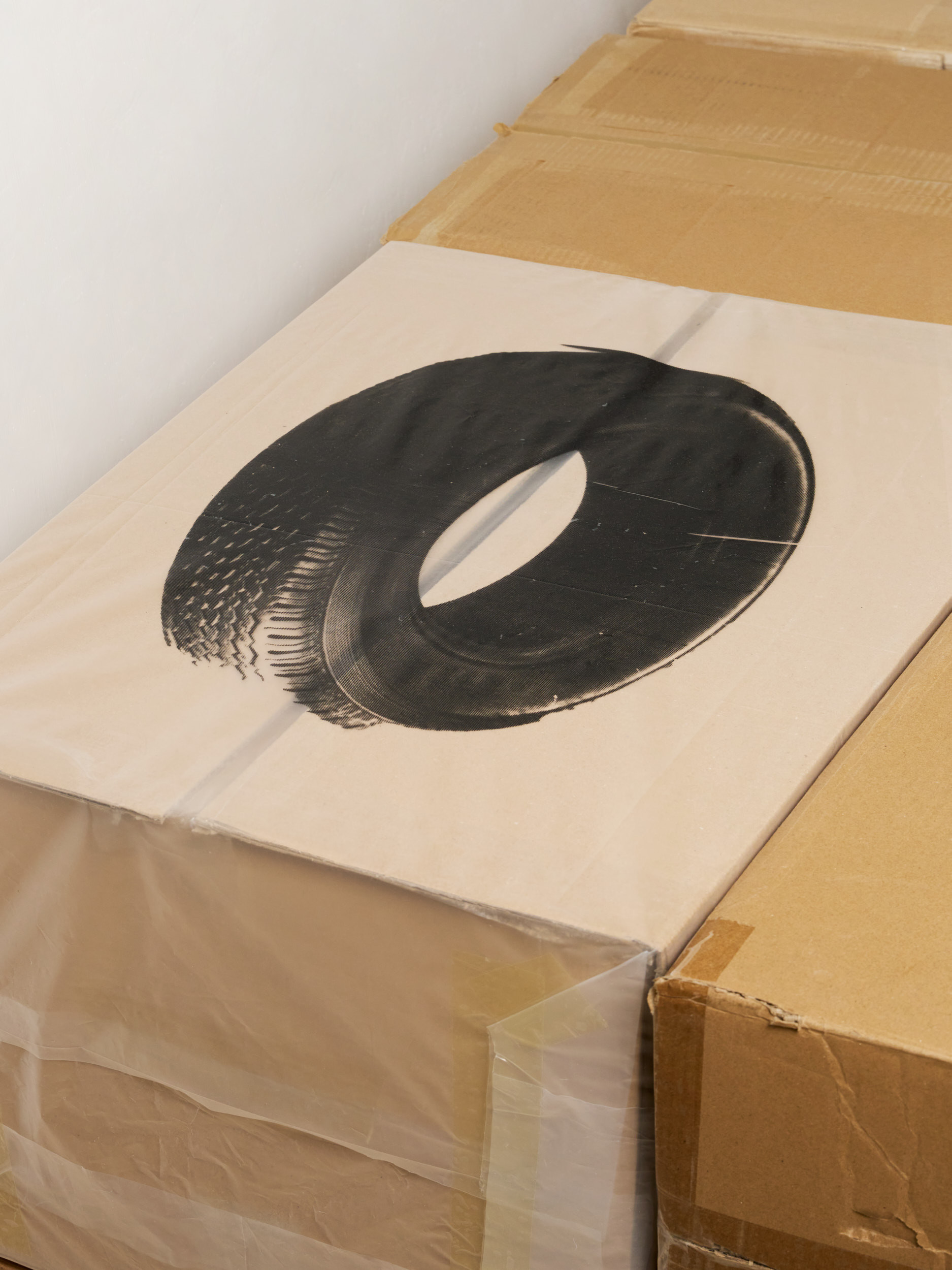 Anna Howard, Glitter, 2026, cardboard, tape screen print, plastic, labels, 77 x 102 x 420 cm (detail), A plus A Gallery, ph Clelia Cadamuro
