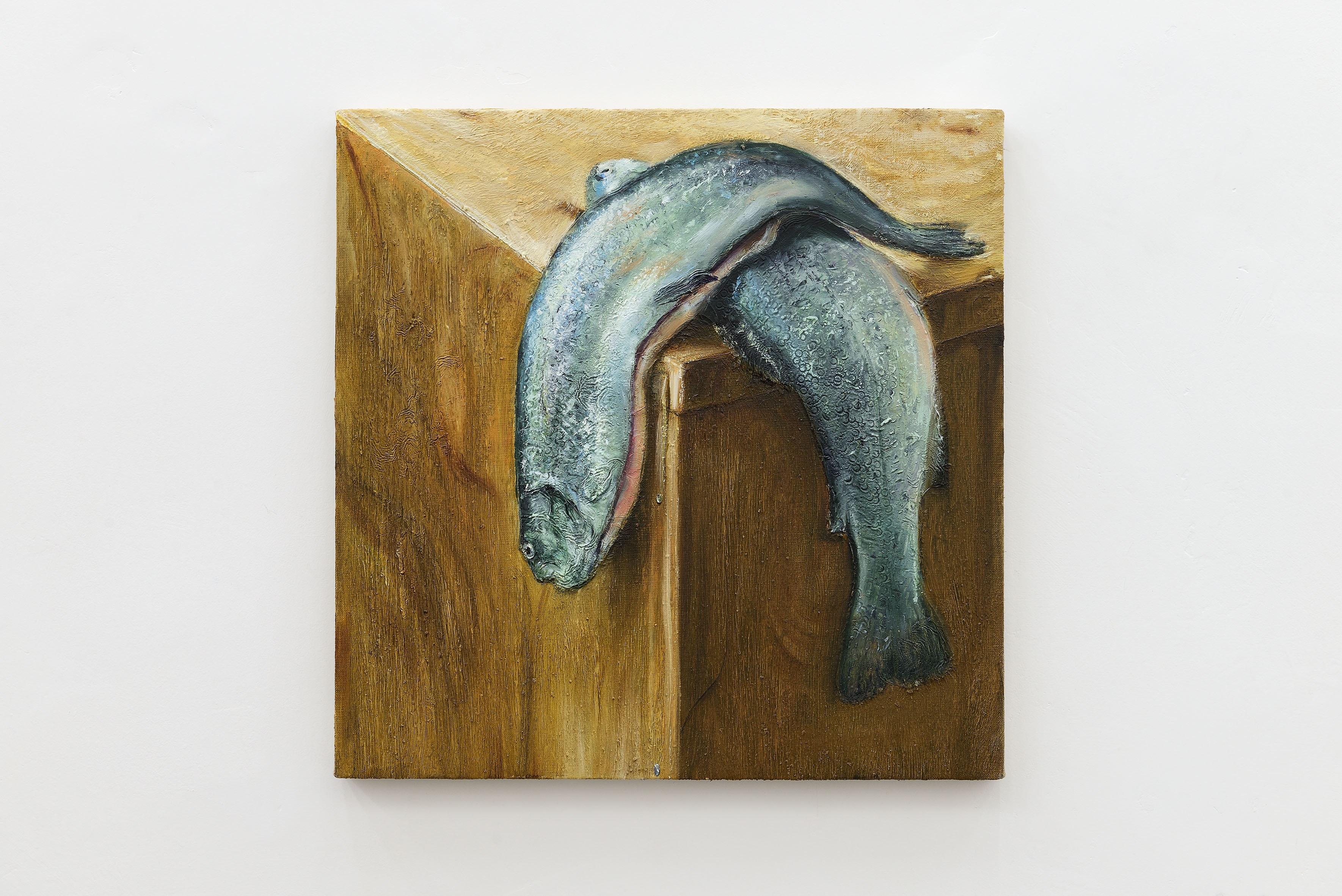 Cyryl Polaczek, Fish on the edge, 2026, oil on canvas, 40 x 40 cm. Photo by Roberto Apa. Courtesy of the Artist and ADA, Rome