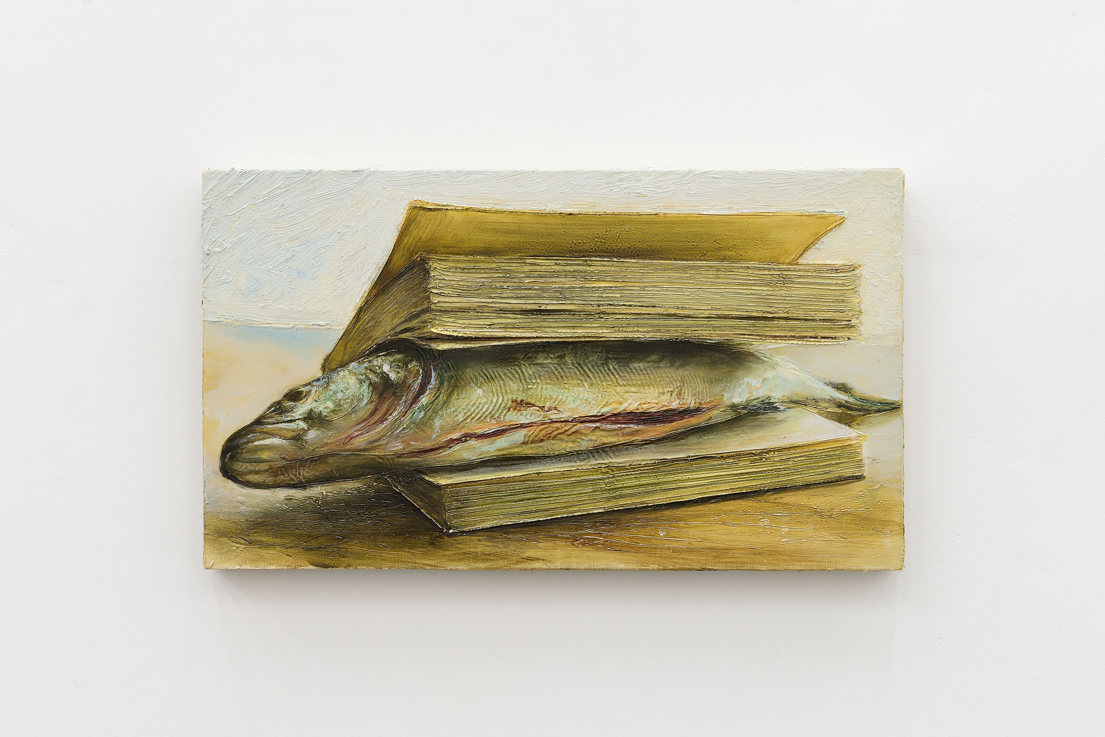 Cyryl Polaczek, Fish in book, 2026  oil on canvas, 20 x 35 cm. Photo by Roberto Apa. Courtesy of the Artist and ADA, Rome
