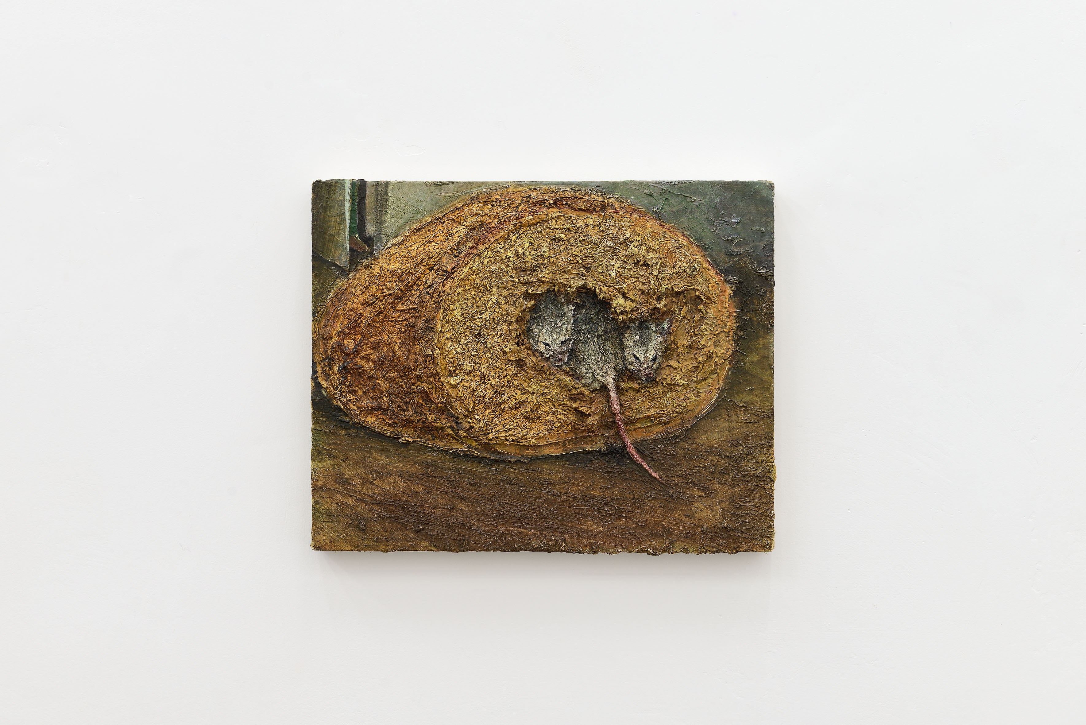 Cyryl Polaczek, Mice in bread, 2026, oil on canvas, 24 x 30 cm. Photo by Roberto Apa. Courtesy of the Artist and ADA, Rome