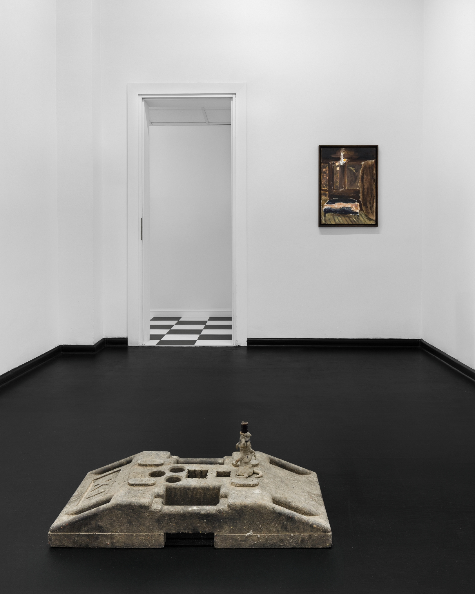 Czaro Malinkiewicz, „Untitled”, 2023, mixed technique, 8 x 14 x 7 cm, Radosław Chorab, „Dormant”, 2026, oil, gauze, wood, wooden frame, 57 x 40 cm