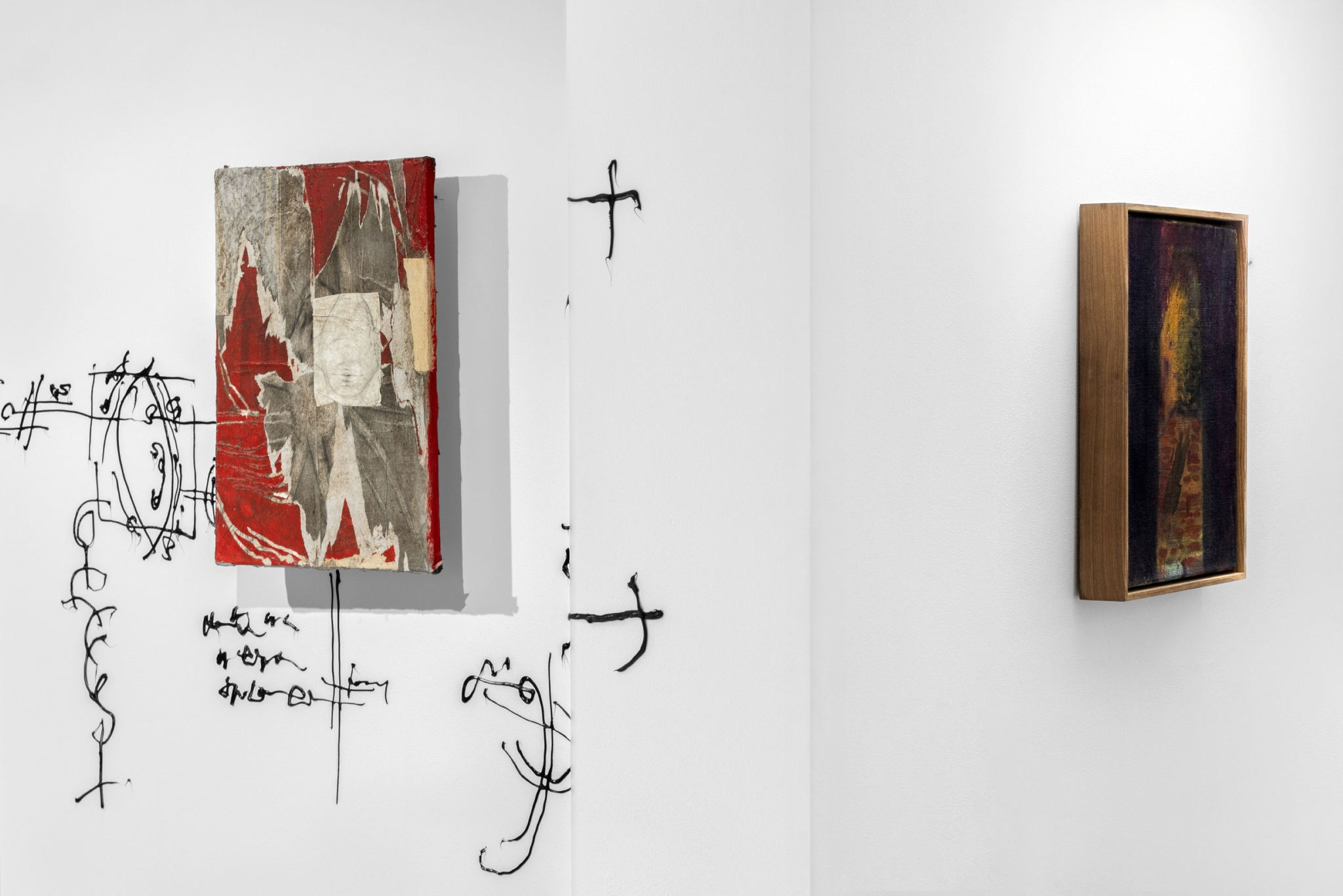 Czaro Malinkiewicz, Untitled, 2026, mixed technique, 54 x 39 cm, Radosław Chorab, „Tomb”, 2026, oil on jute, wooden frame, 40 x 30 cm