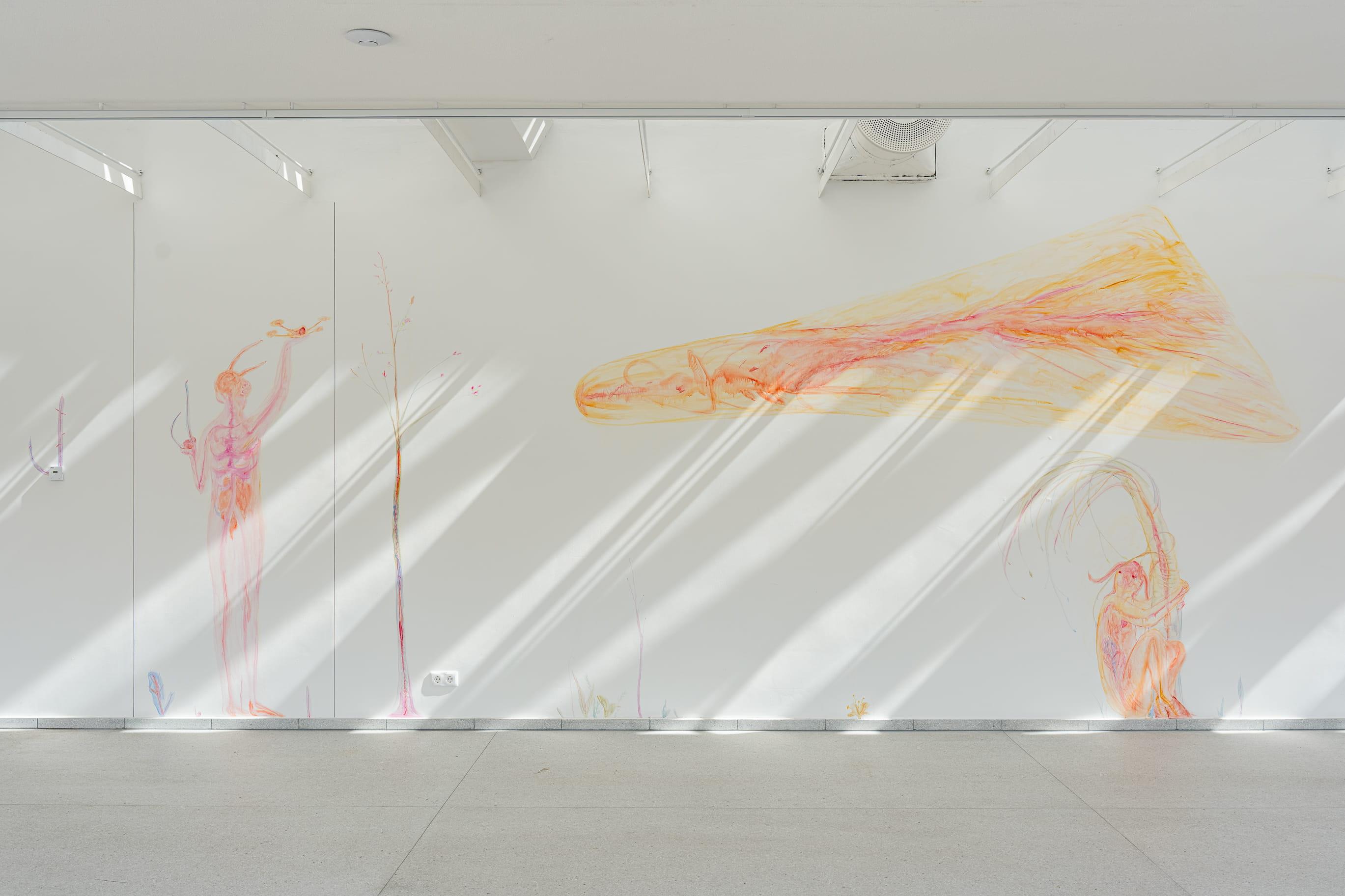 Kateryna Lysovenko, “The Old Air Dependent Dream”, 2026.Installation: triptych and wall painting;oil on canvas.Courtesy of the artist and TBA gallery, Warsaw.“Superglue, or Inventing the Friend”, CAC, 2026. Photo: Andrej Vasilenko.