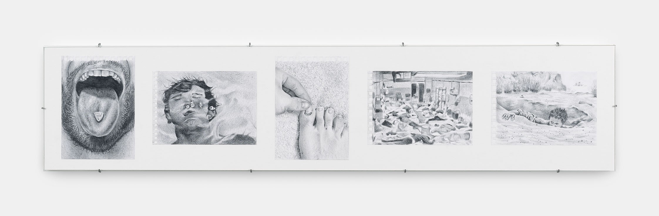 Tag 6 (Wir und sie), 2026, Pencil on paper, 81 x 17,8 cm (framed), 10,5 x 15 cm (each paper)