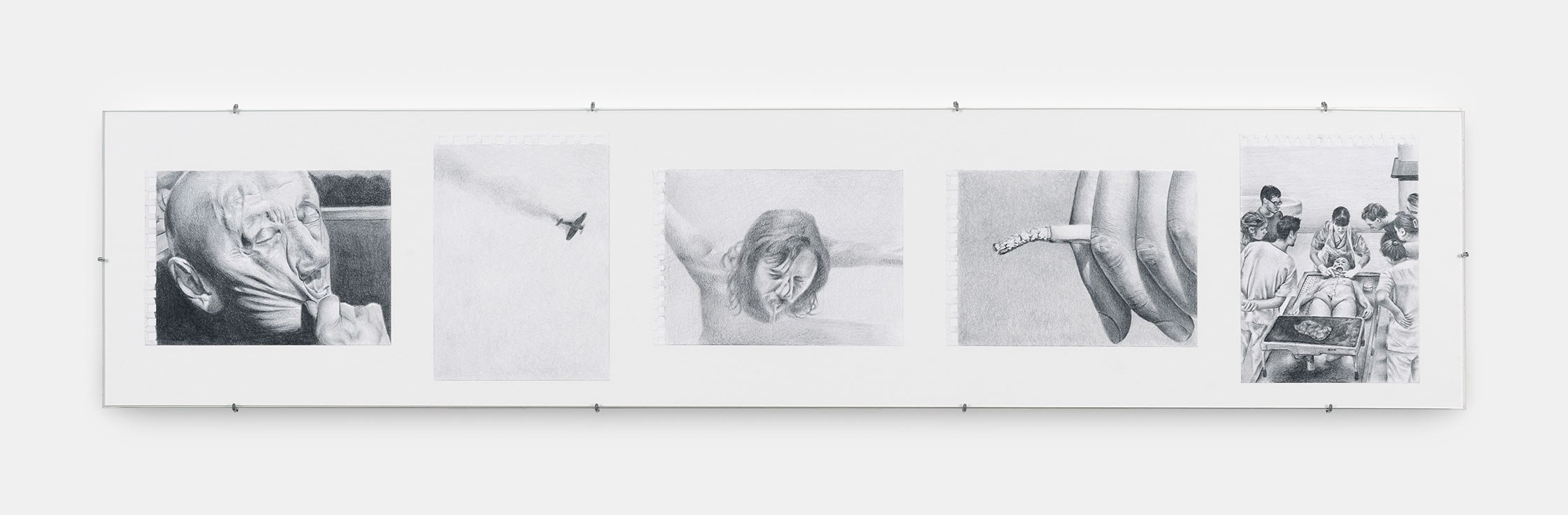 Tag 7 (Break through), 2026, Pencil on paper, 81 x 17,8 cm (framed), 10,5 x 15 cm (each paper)