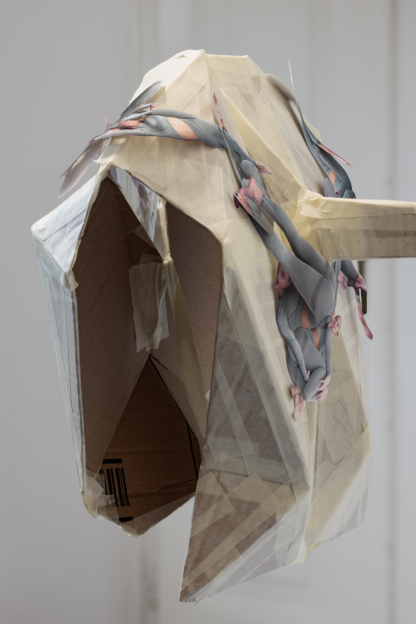 Moritz Fuehrer, Turn of the Century (detail), 2026, Cardboard, masking tape, laser print, clear tape, 34 × 38 × 33 cm