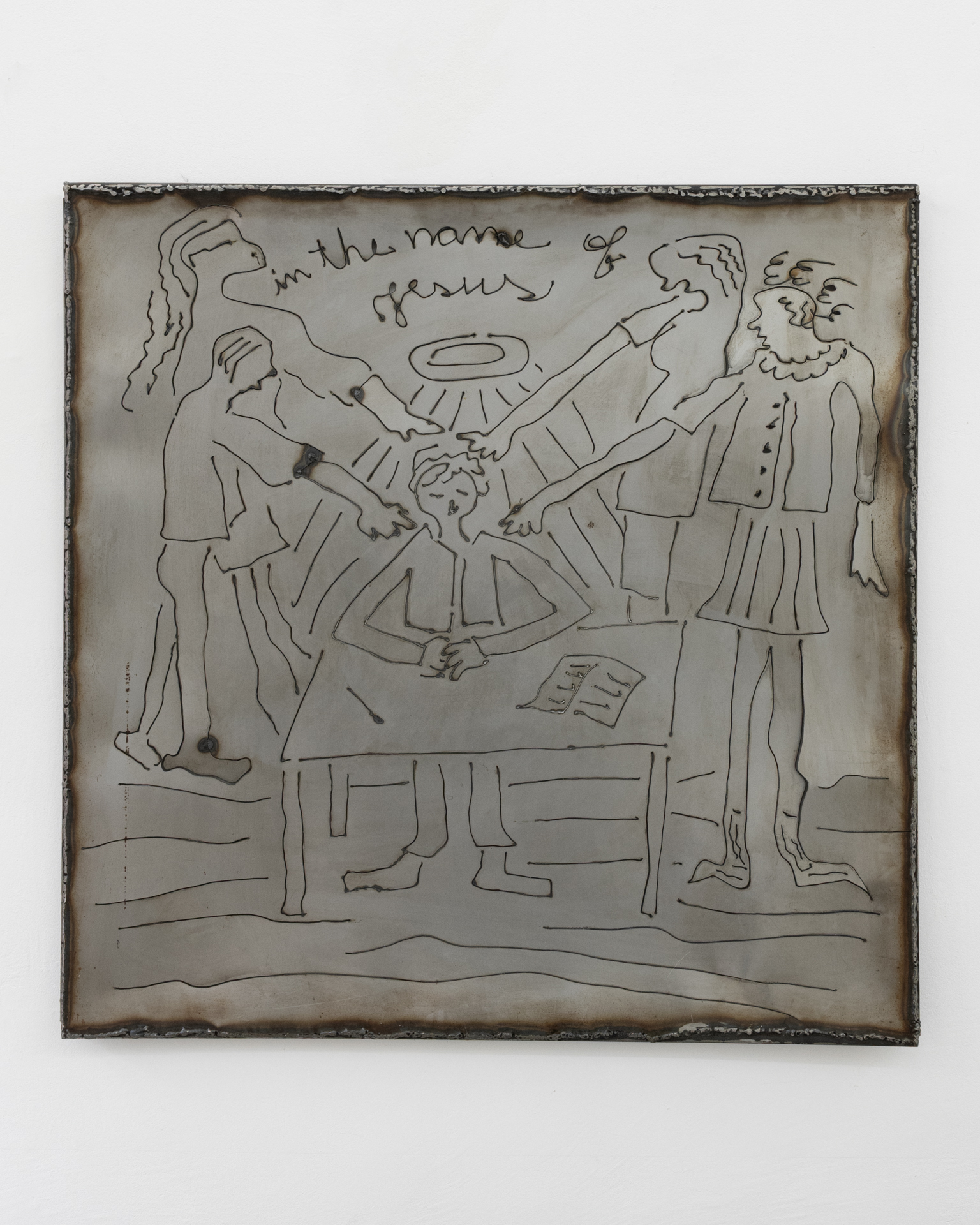 Elen Braga, In the name of Jesus, 2026, Drawing on metal 100 x 100 cm