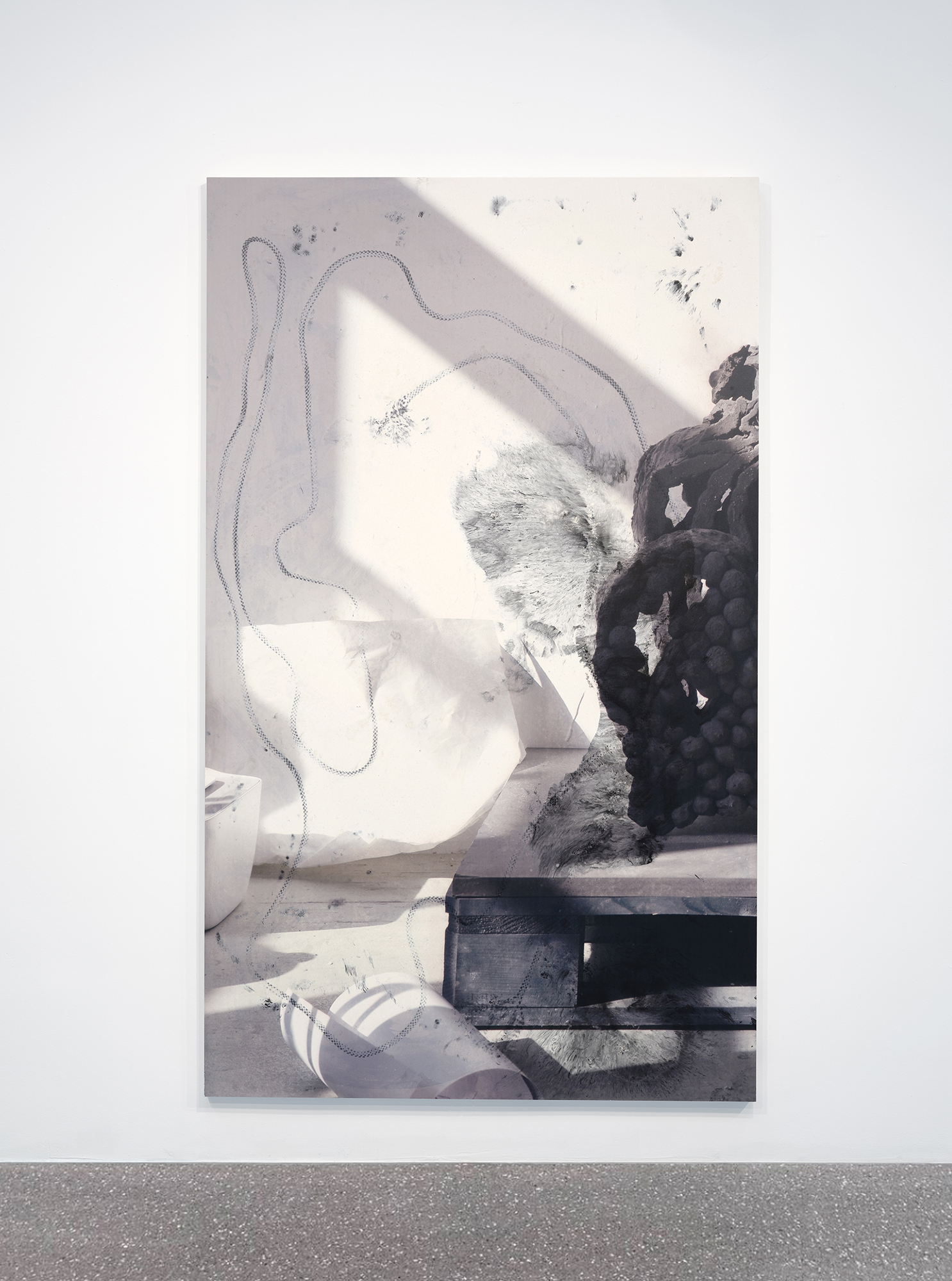 Peles Duo, h₁ésh₂r, 2025 UV print on gypsum, rope and pigments 203 x 122 x 4 cm