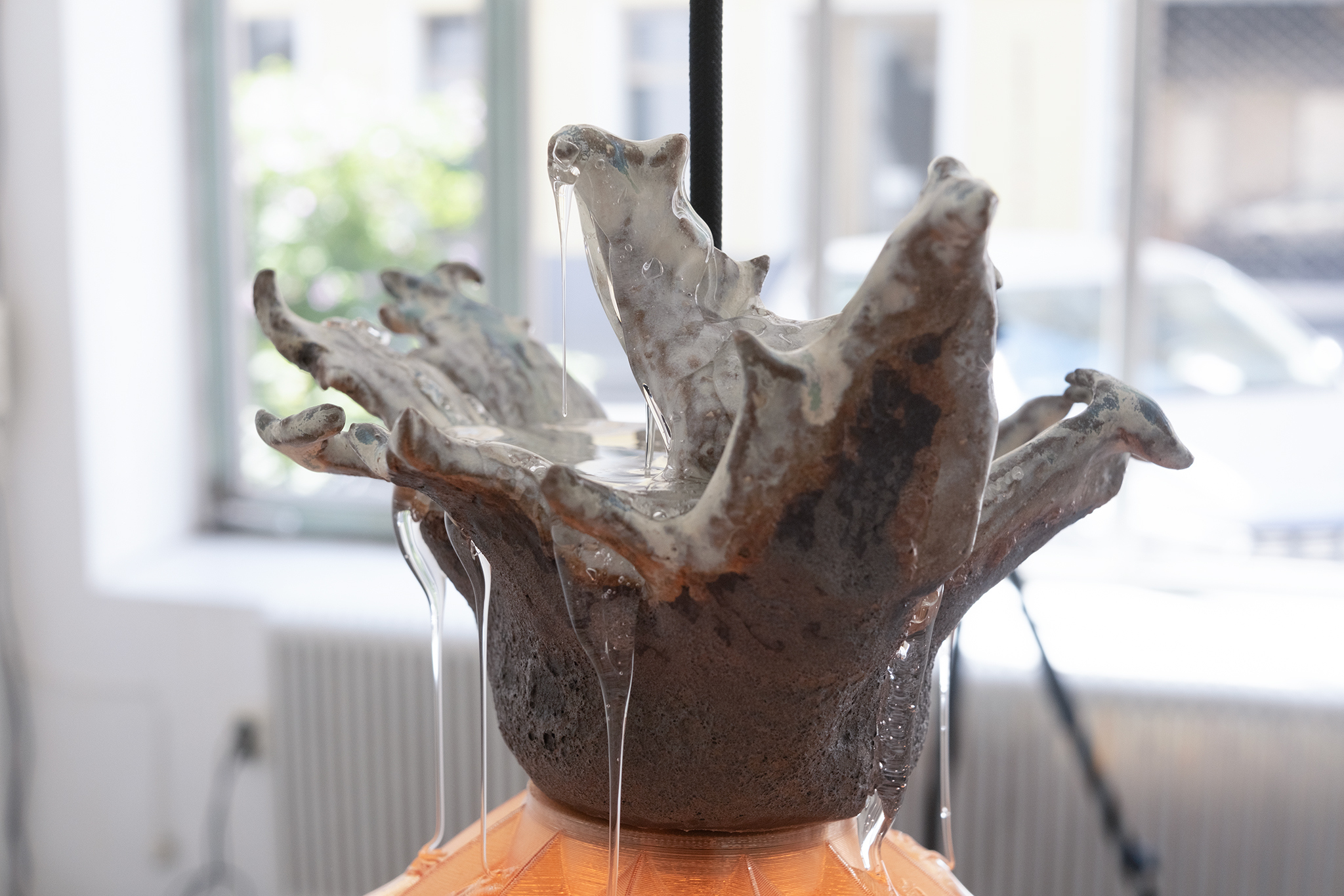 translucent exchange for liquidity, 2026, glazed stoneware, textile threads, PETG, electrics, jelly wax,  380 x 180 x 120 cm