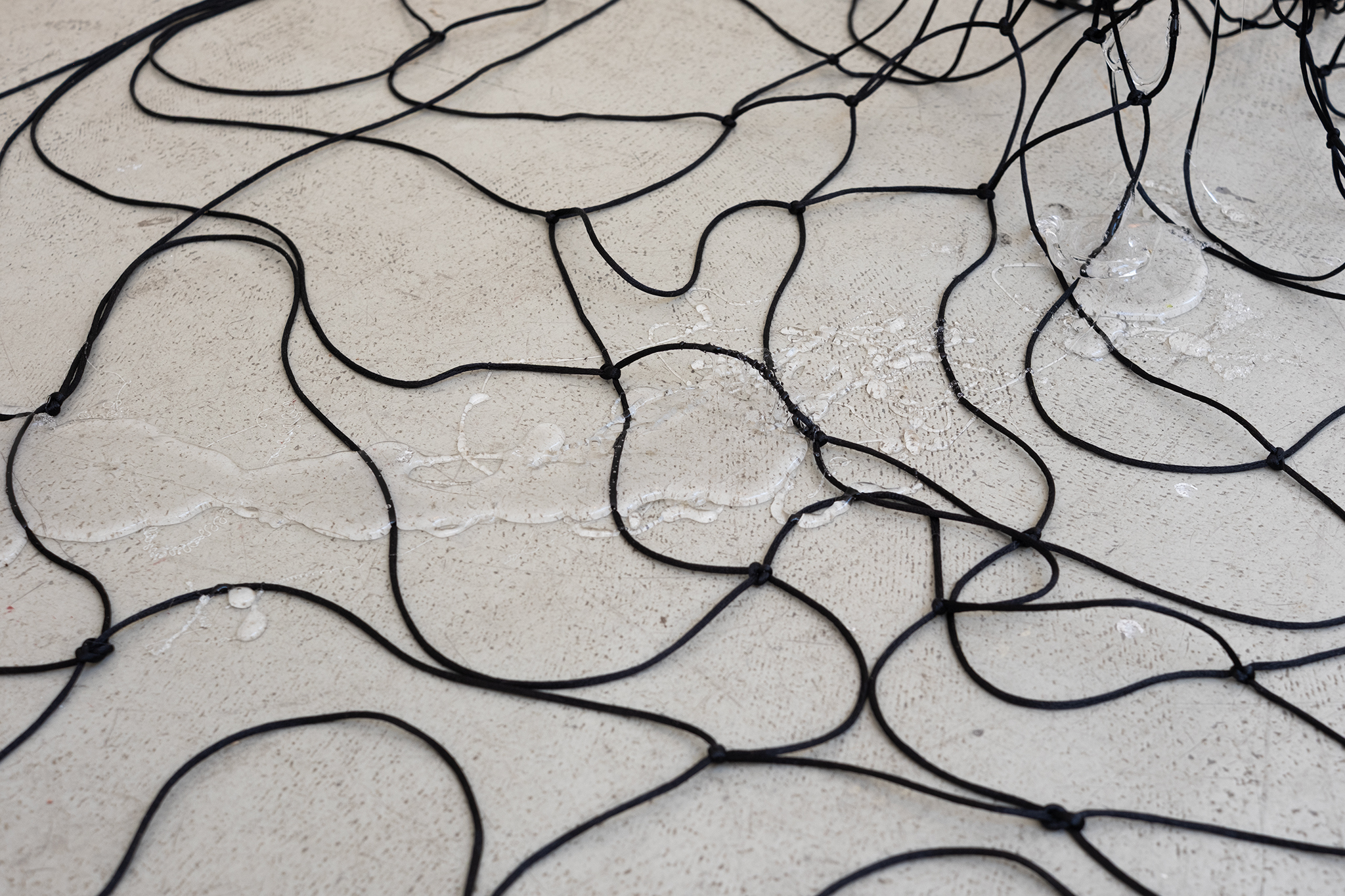 translucent exchange for liquidity, 2026, glazed stoneware, textile threads, PETG, electrics, jelly wax,  380 x 180 x 120 cm
