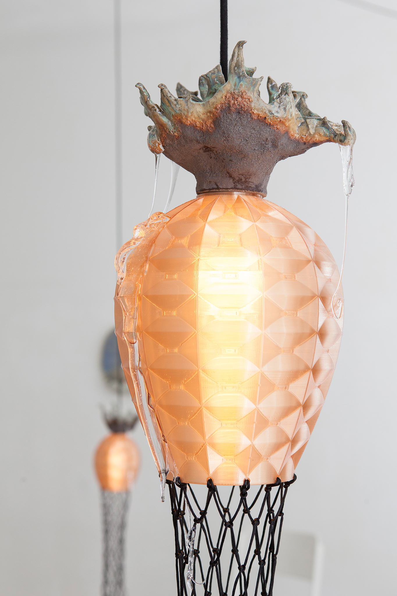 translucent exchange for liquidity, 2026, glazed stoneware, textile threads, PETG, electrics, jelly wax,  380 x 180 x 120 cm