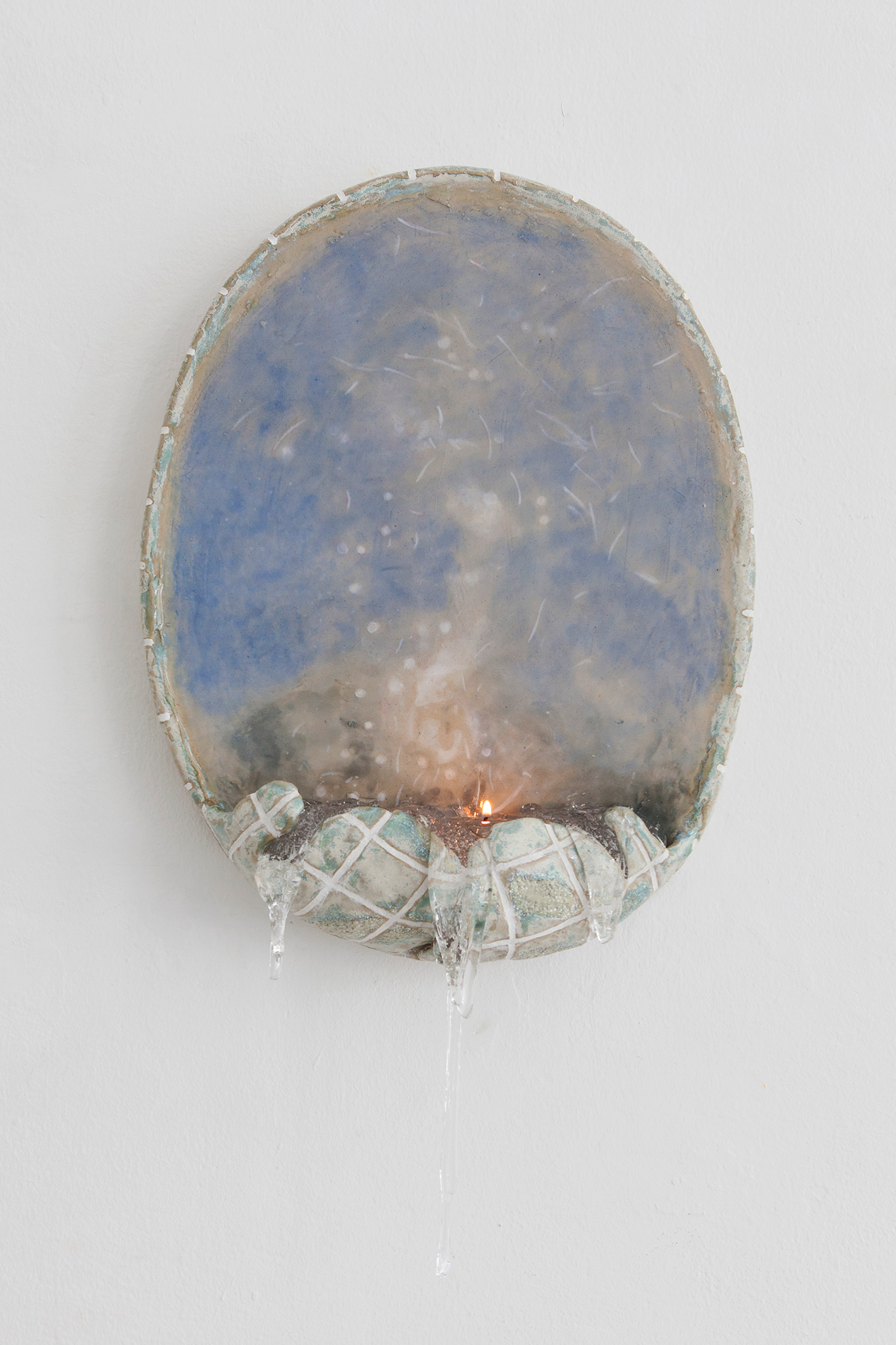 trickling sparks, 2026, underglaze paint, glazed stoneware, grout, jelly wax candle, 42 x 33 x 5 cm