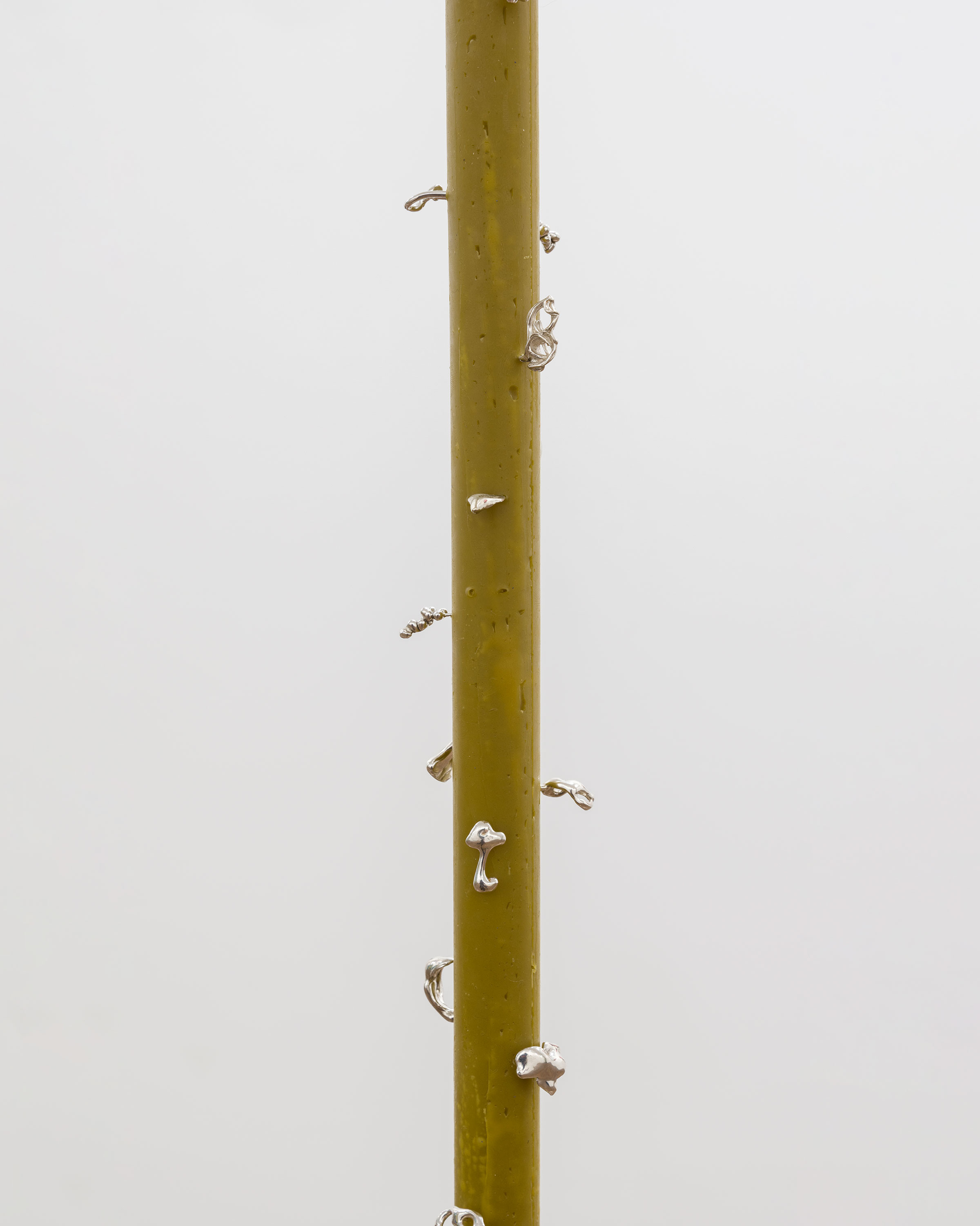 Anne Dahl, 2023, Gather, Round, Failed Liquidity (detail), Soapstone, sterling silver “time keepers”, salvaged wood, beeswax, amber, garnet, 45 x 7 x 7 in.