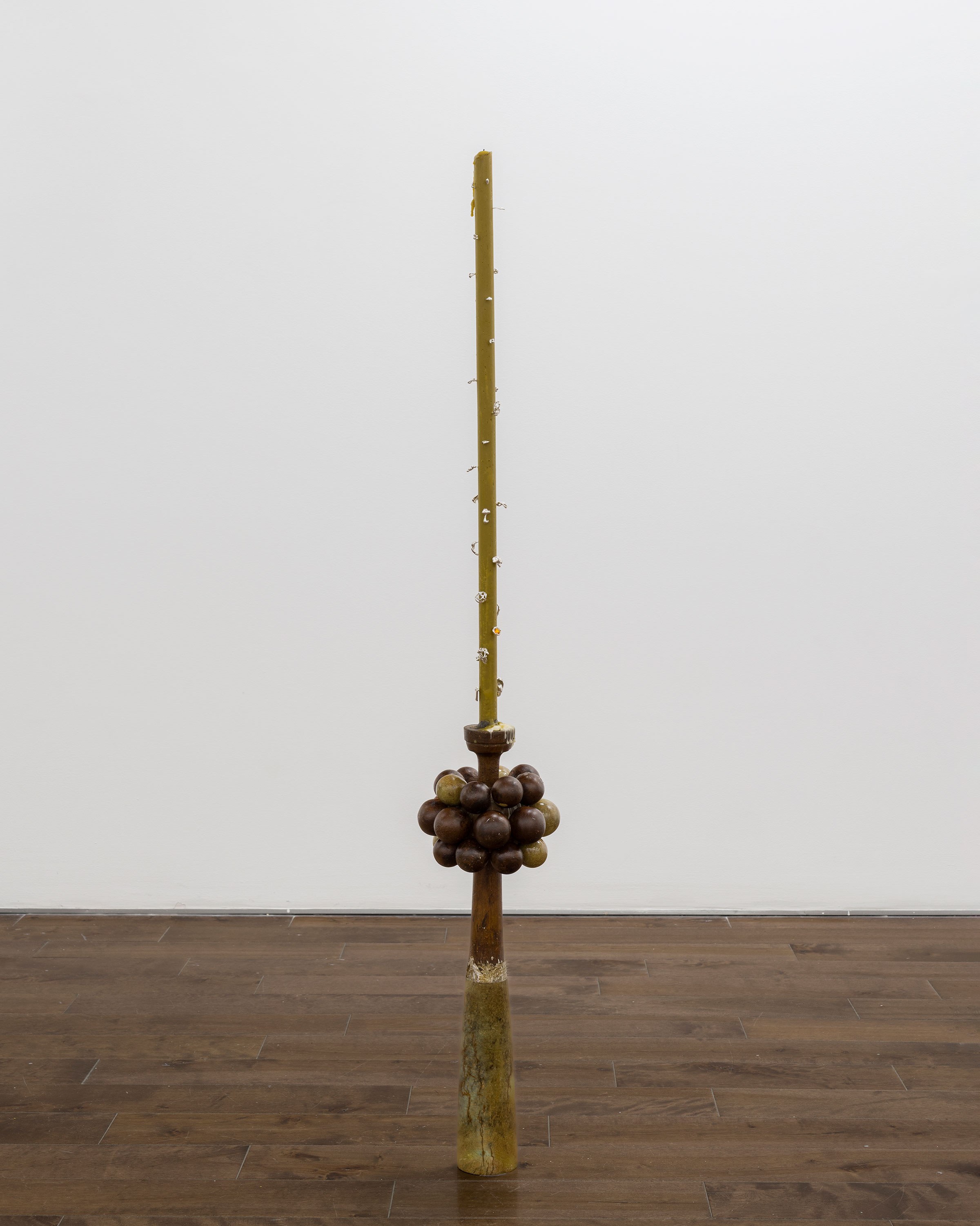 Anne Dahl, 2023, Gather, Round, Failed Liquidity, Soapstone, sterling silver “time keepers”, salvaged wood, beeswax, amber, garnet, 45 x 7 x 7 in.