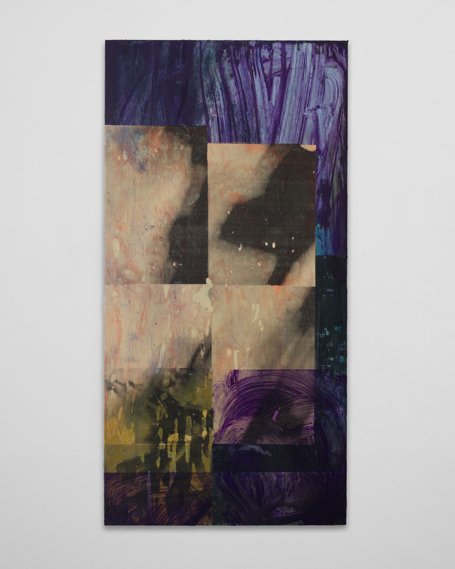 Colin Canary, 2025, Angels Blades Sew Dreams Into My Nape, Toner transfer and acrylic on panel, 30 x 15 in.