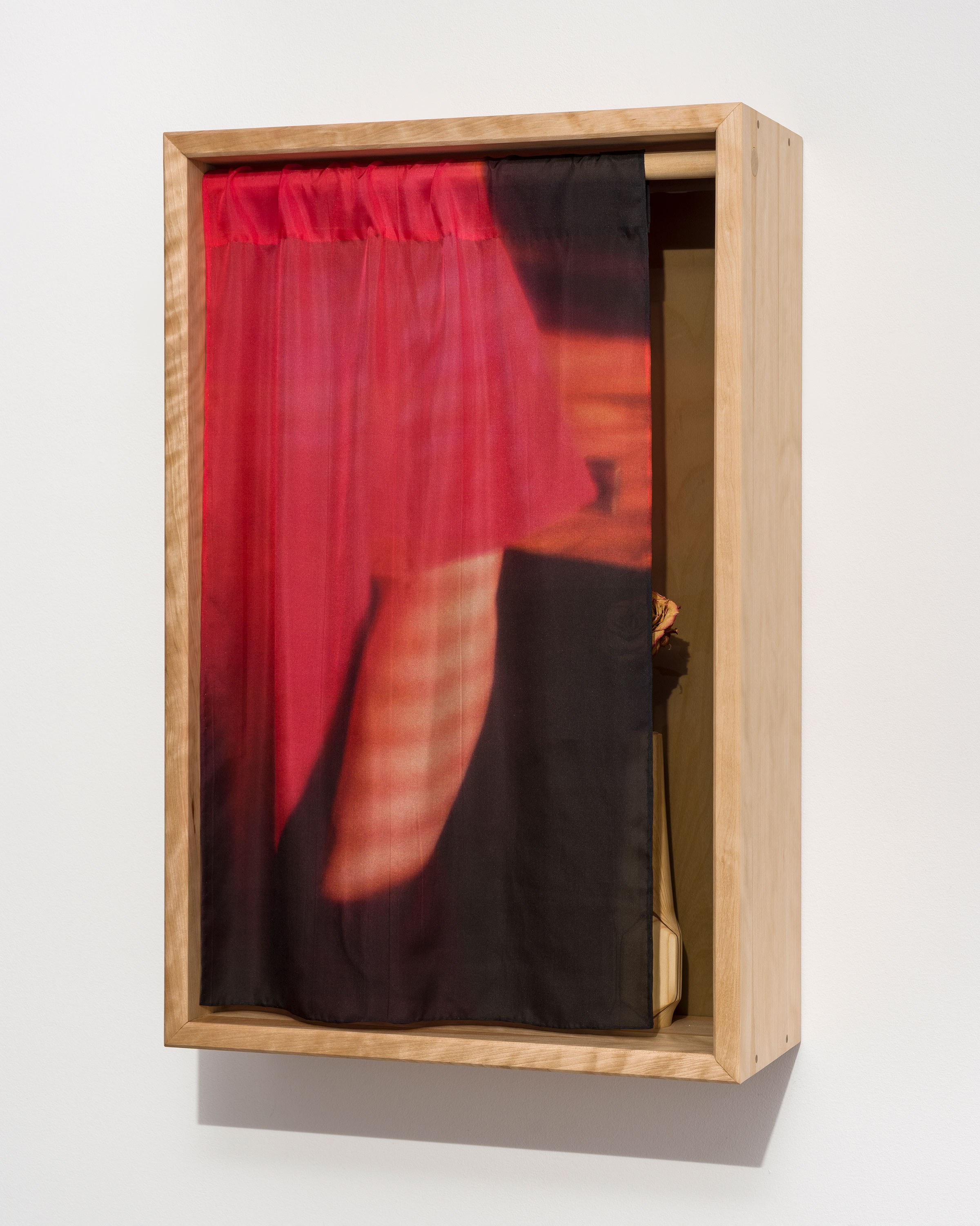 Josi Smit, 2026, Early morning in late April, Reactive print on silk habotai, wood, dried flower, acrylic, 30 x 19.5 x 8.25 in.