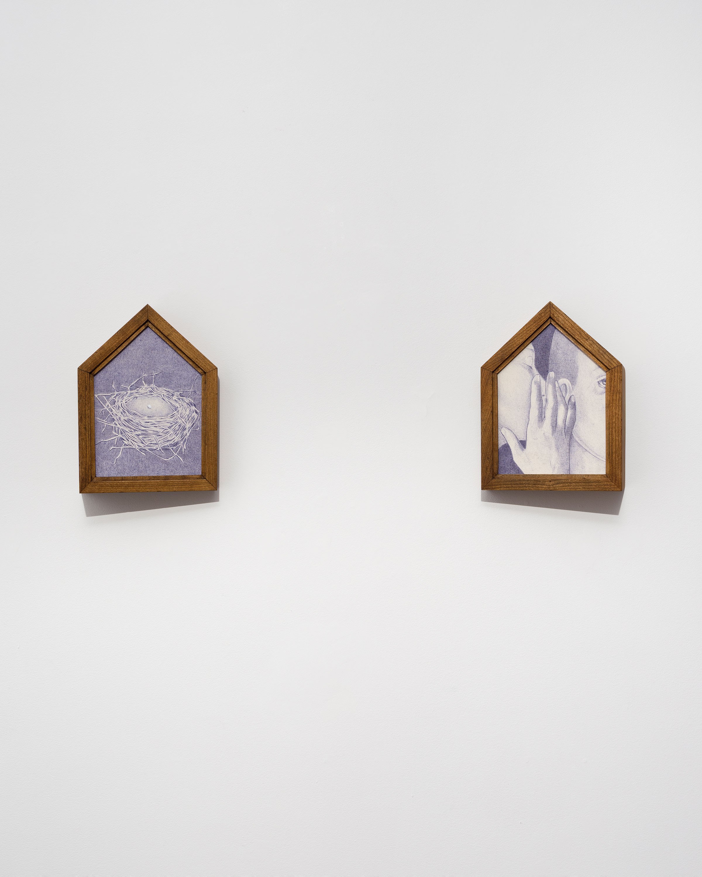 Masha Granich, 2026, Nest (left), Hush (right), Wood, ballpoint pen on canvas, 12 x 9 in. (each)
