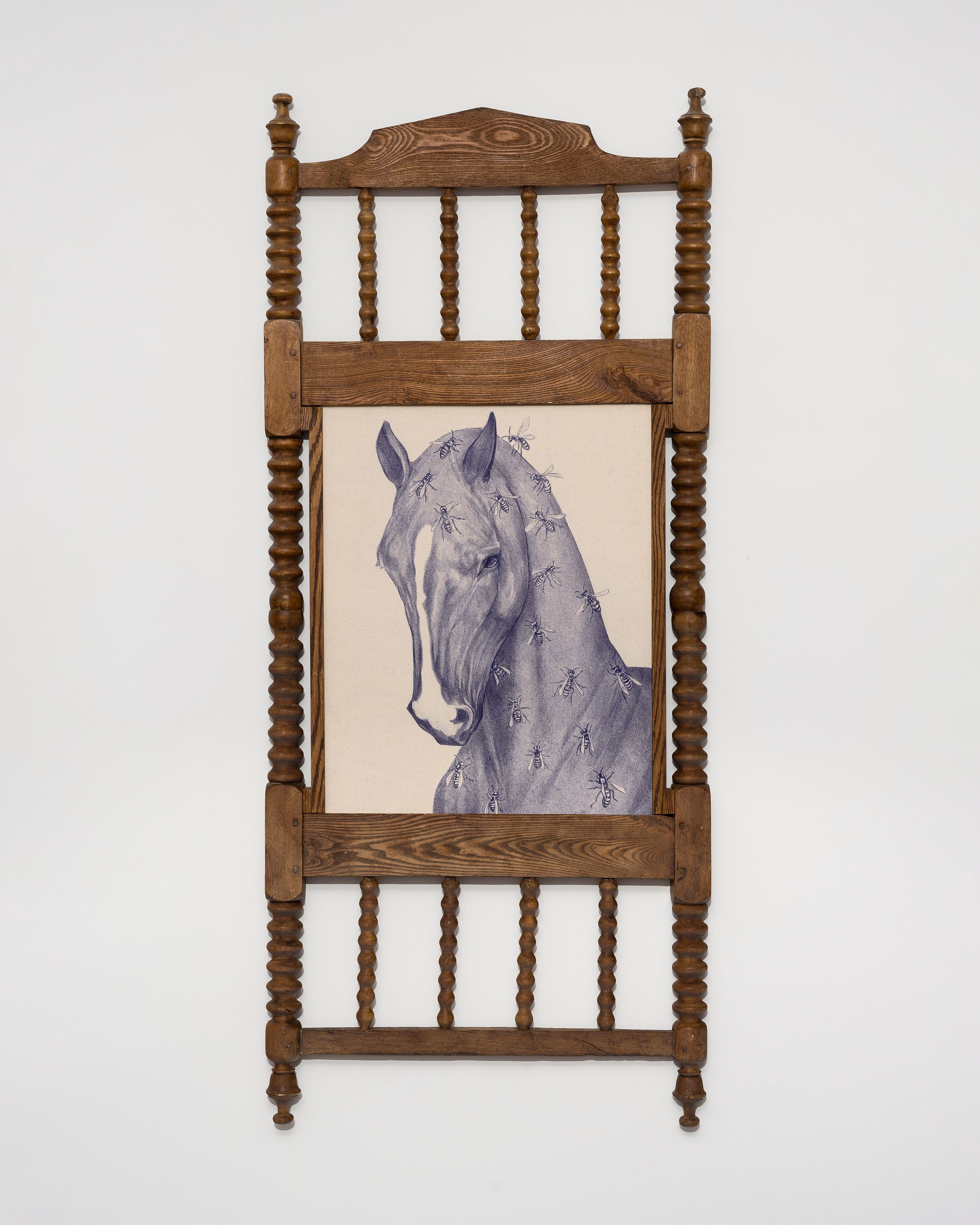 Masha Granich, 2026, Sweet Mare, Antique baby cradle, ballpoint pen on canvas, 56 x 24 in.