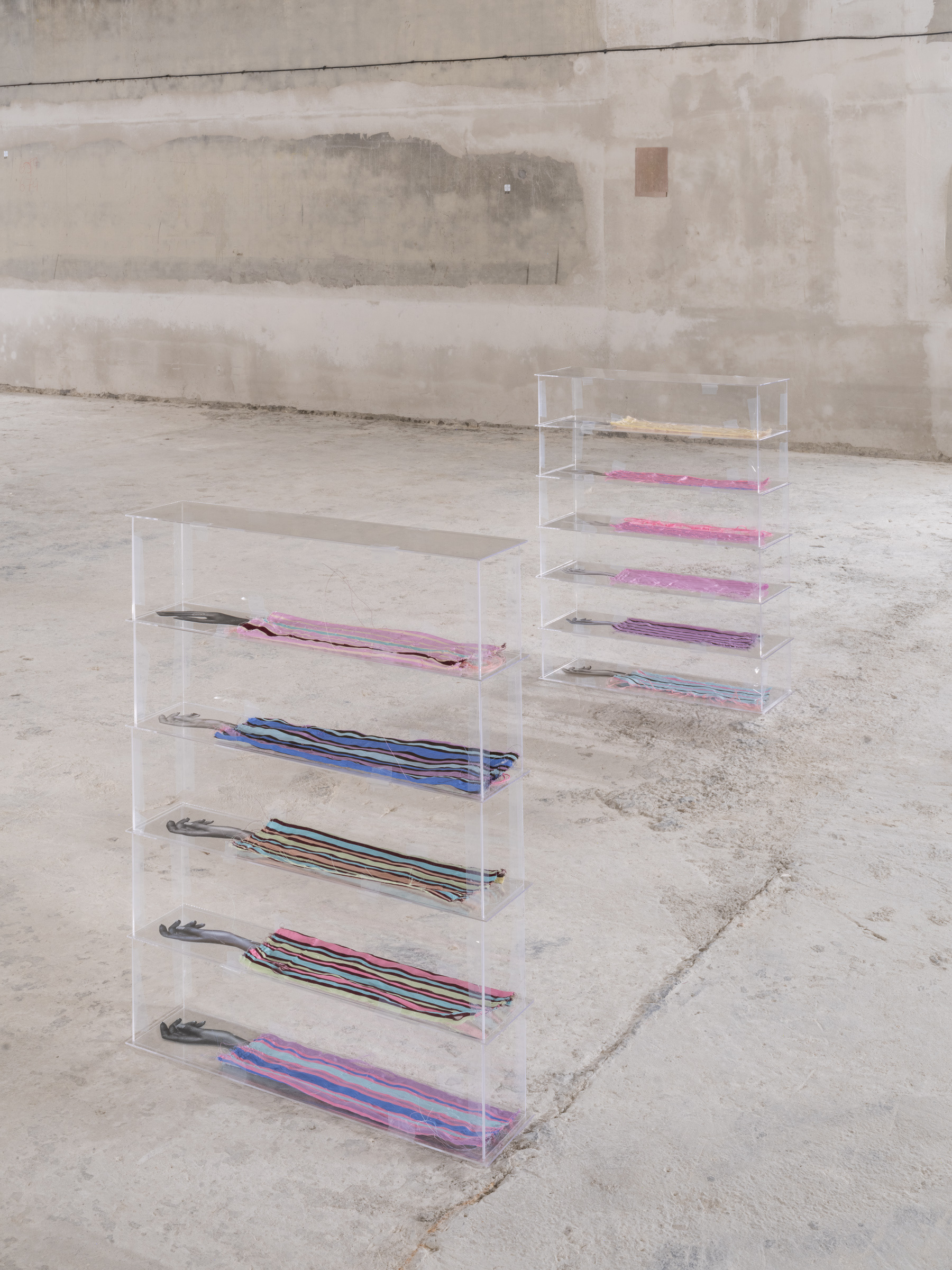 Anne Bourse, Sketch for Summer (2 & 3), 2025, acrylic glass, adhesive tape, printed paper, handmade fabric, 93 × 72 × 25 cm.